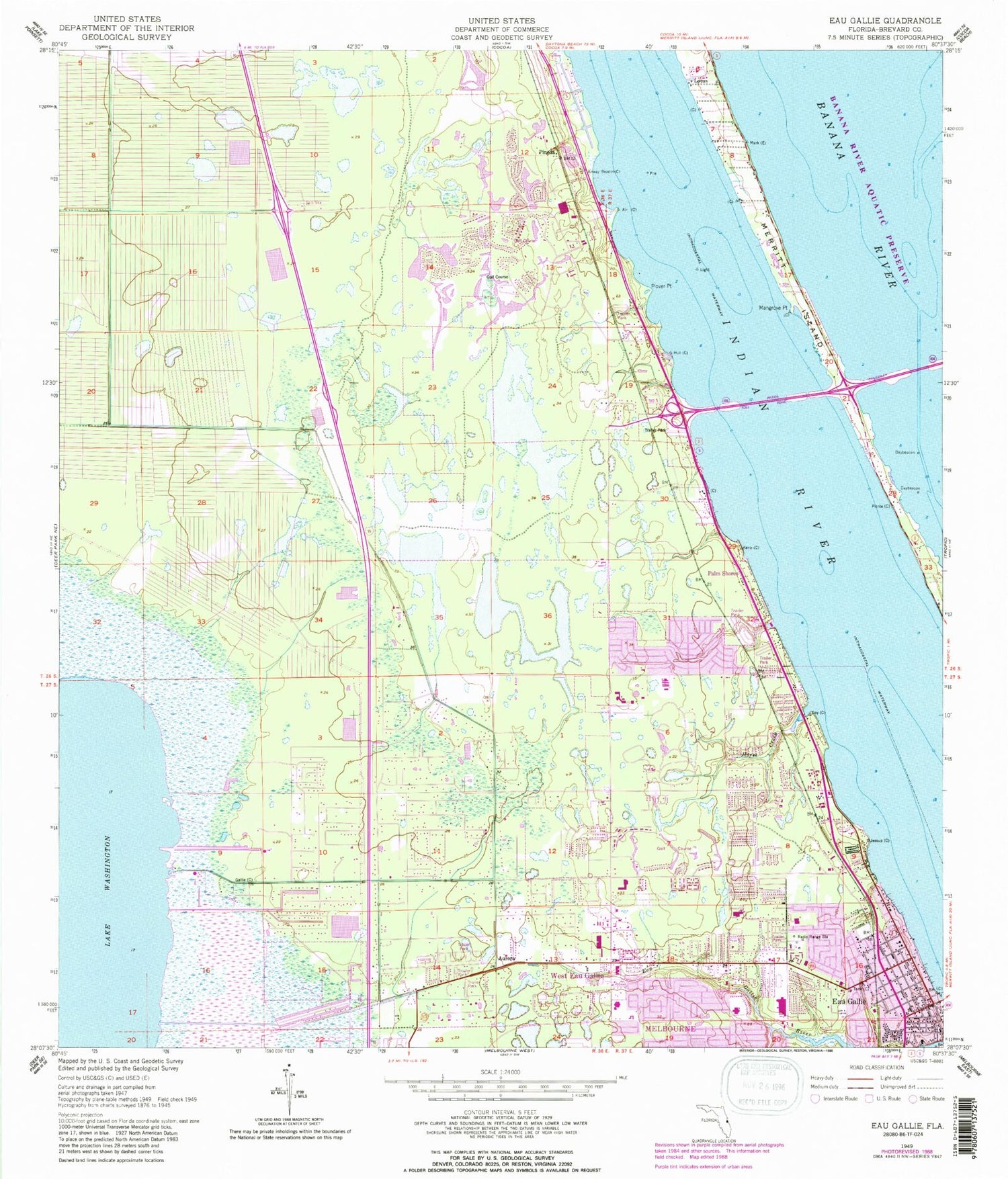 Classic USGS Eau Gallie Florida 7.5'x7.5' Topo Map Image