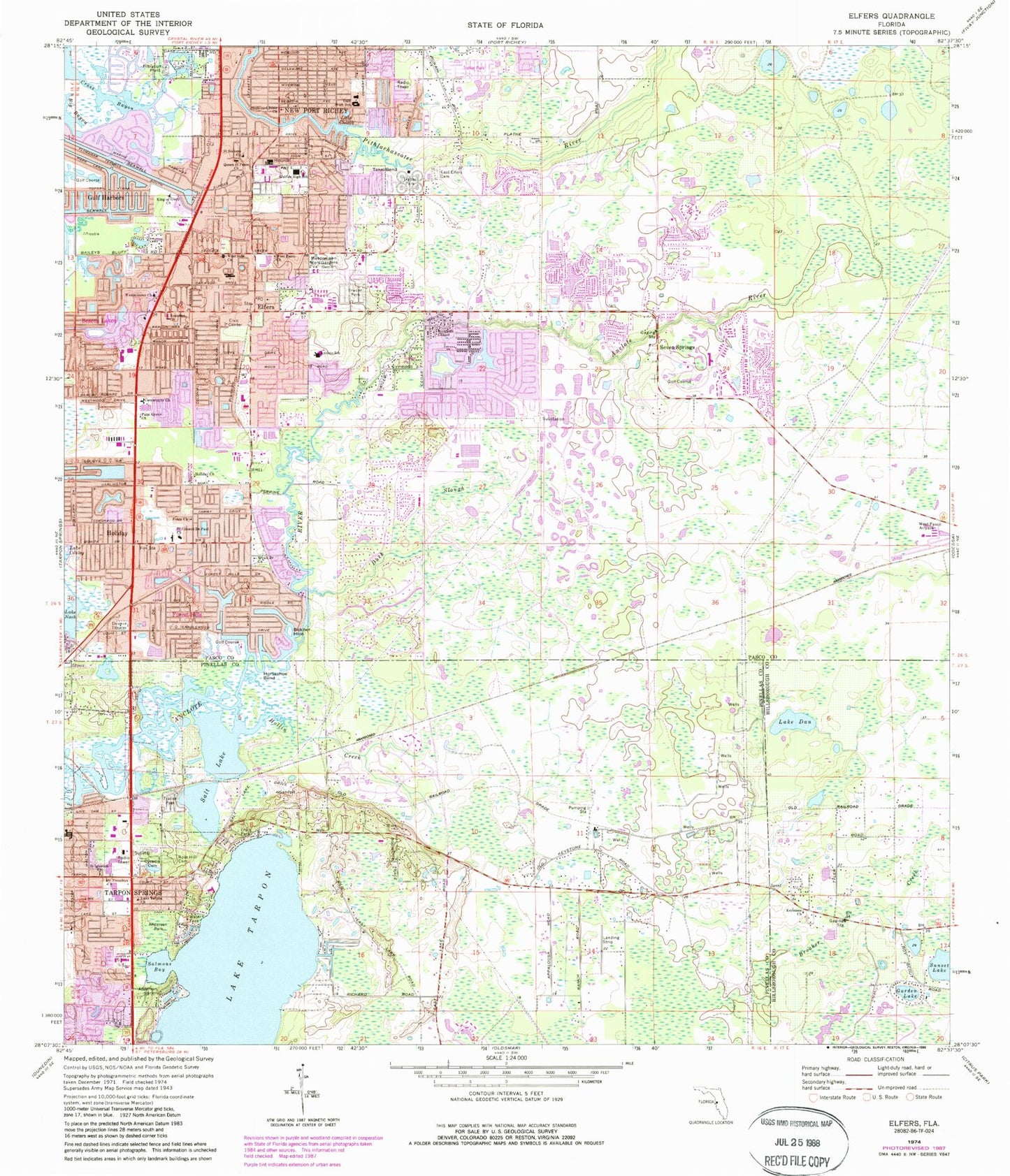 Classic USGS Elfers Florida 7.5'x7.5' Topo Map Image