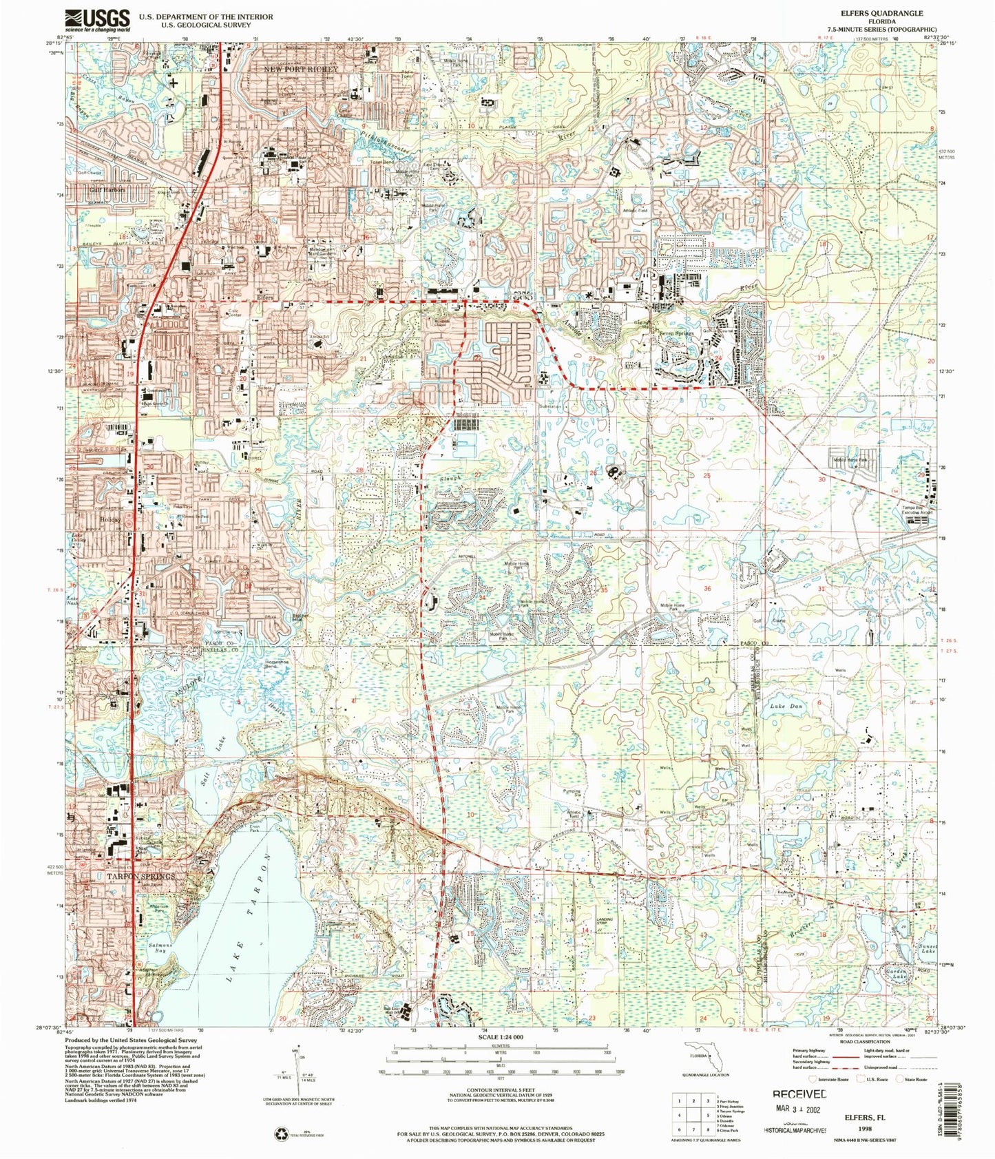 Classic USGS Elfers Florida 7.5'x7.5' Topo Map Image