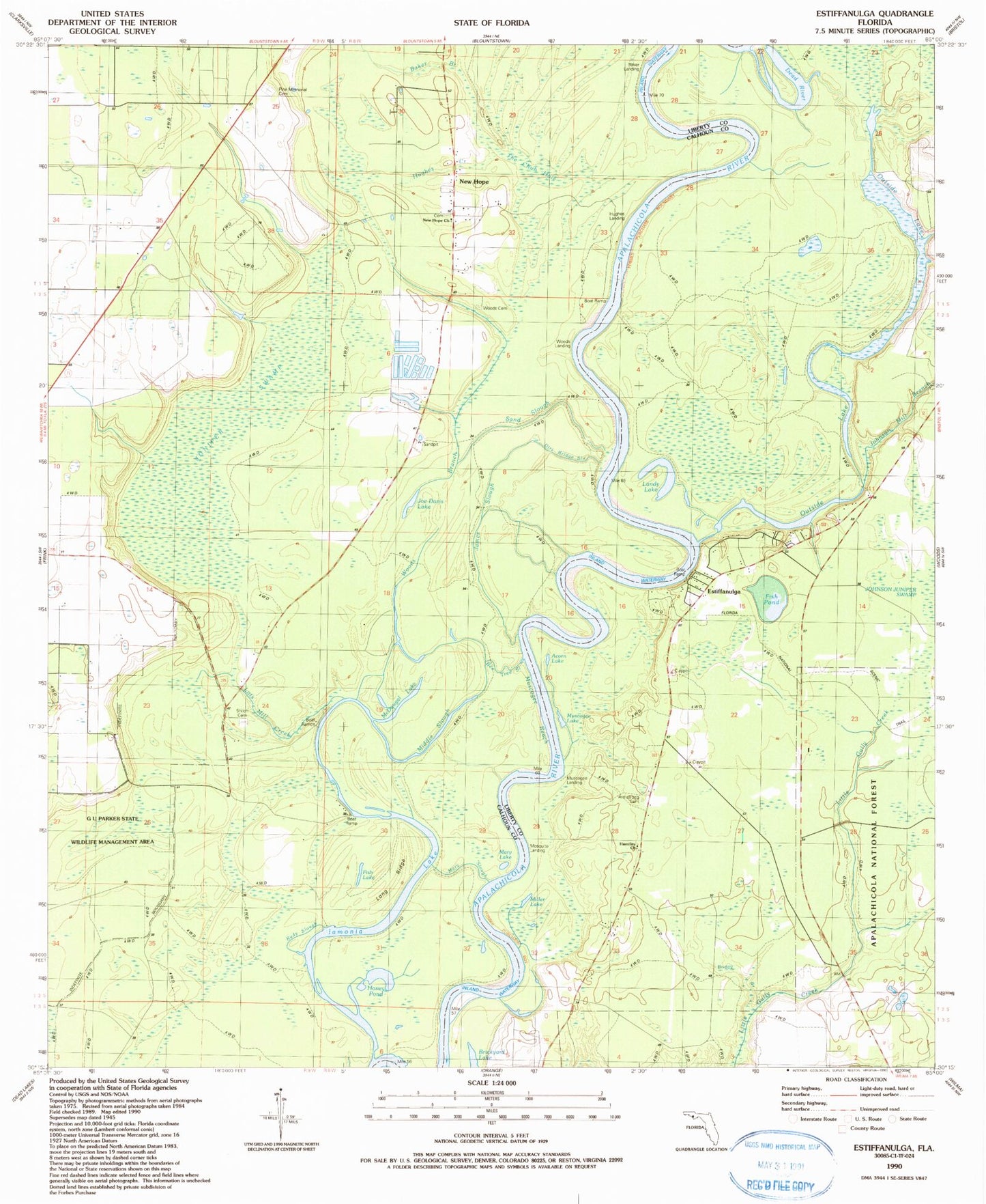 Classic USGS Estiffanulga Florida 7.5'x7.5' Topo Map Image