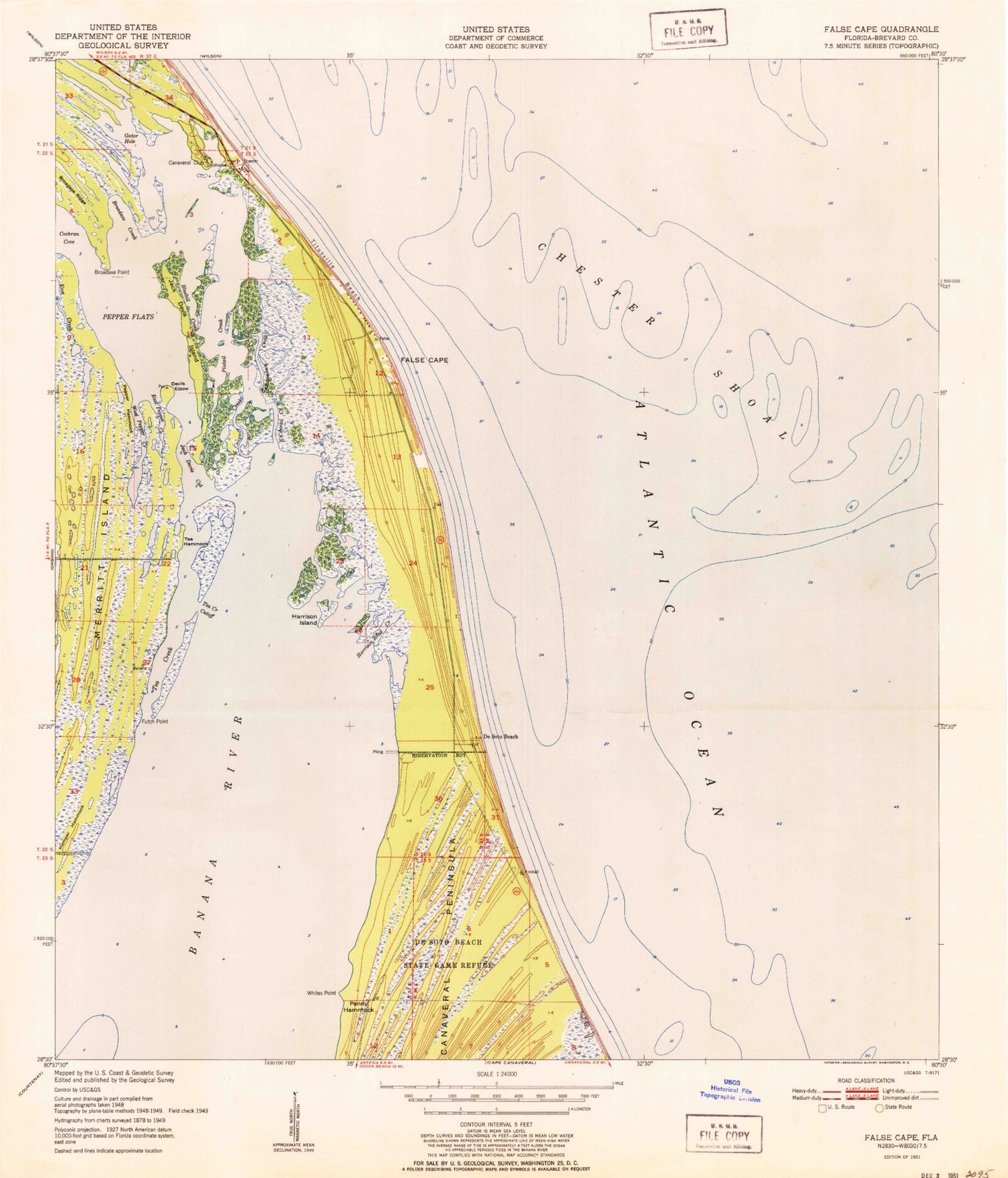 Classic USGS False Cape Florida 7.5'x7.5' Topo Map Image