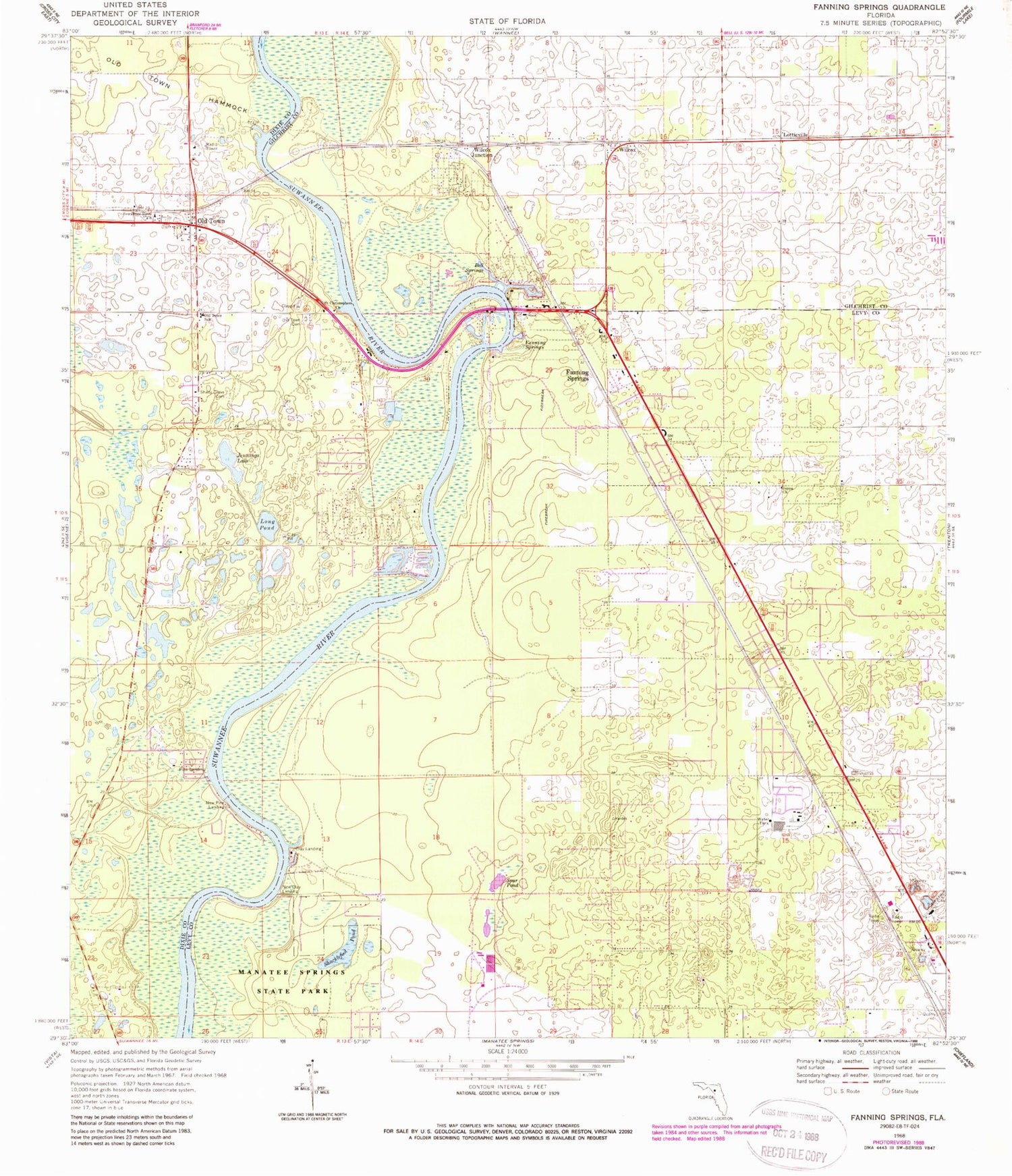 Classic USGS Fanning Springs Florida 7.5'x7.5' Topo Map Image