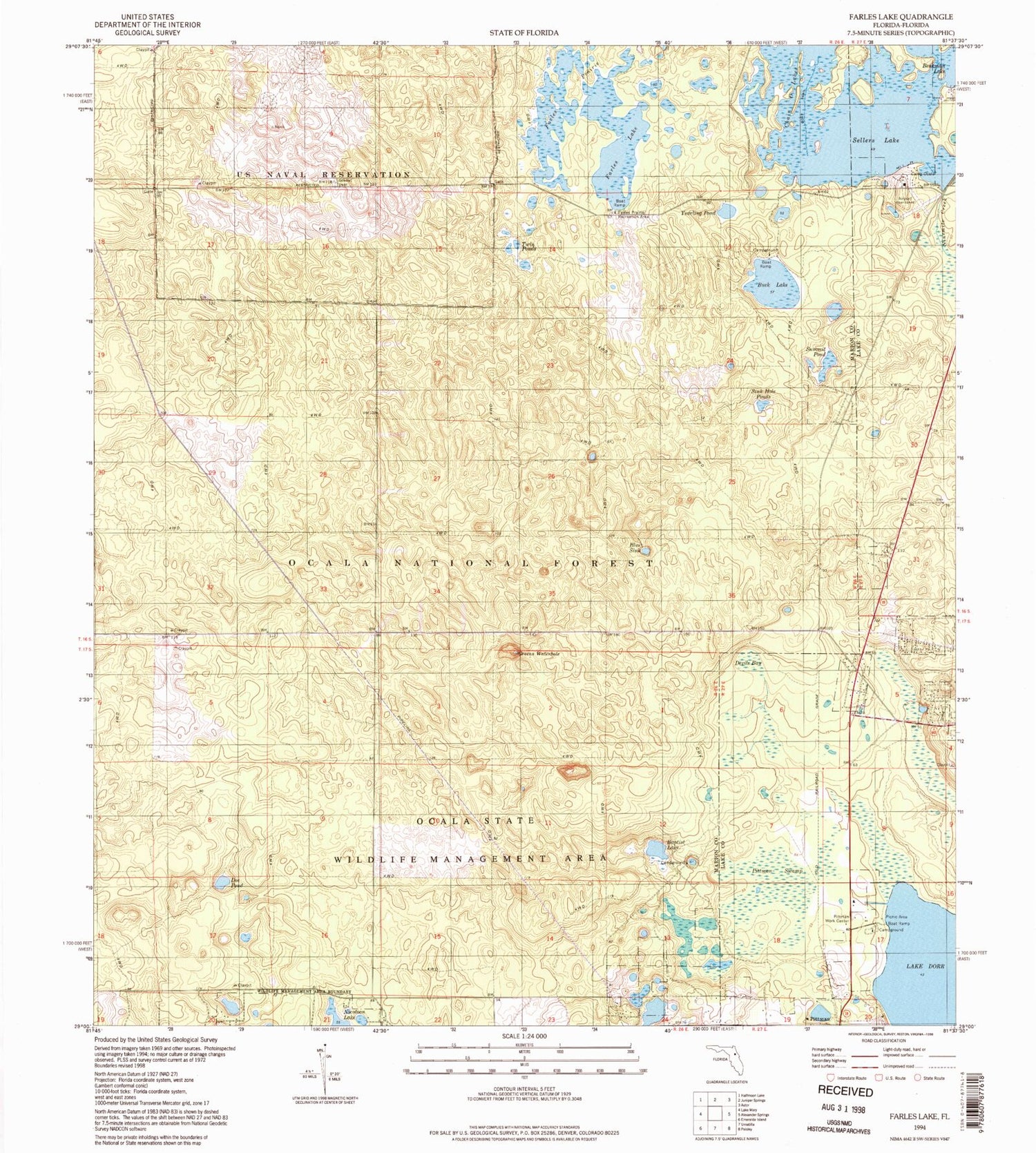Classic USGS Farles Lake Florida 7.5'x7.5' Topo Map Image