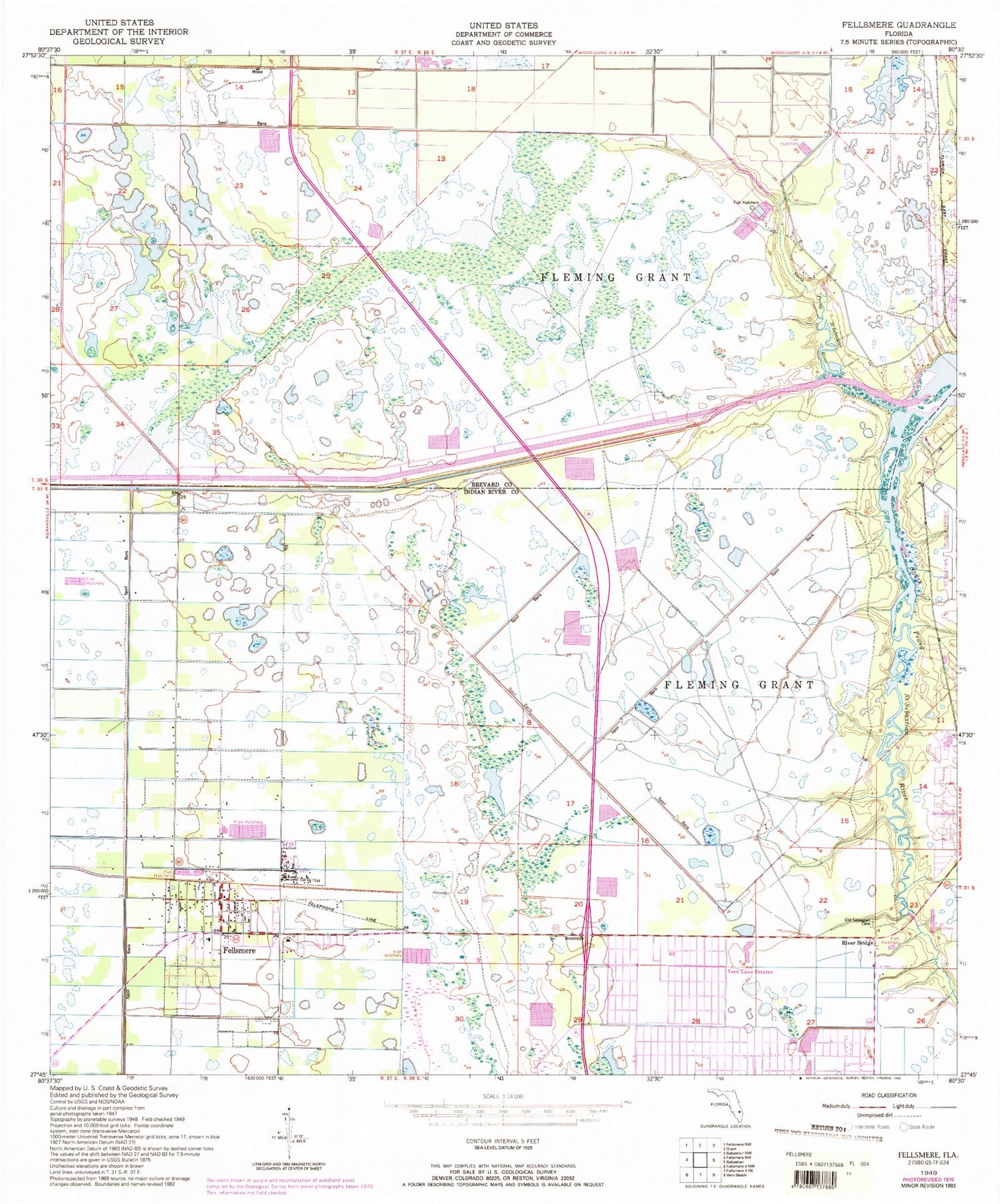 Classic USGS Fellsmere Florida 7.5'x7.5' Topo Map Image