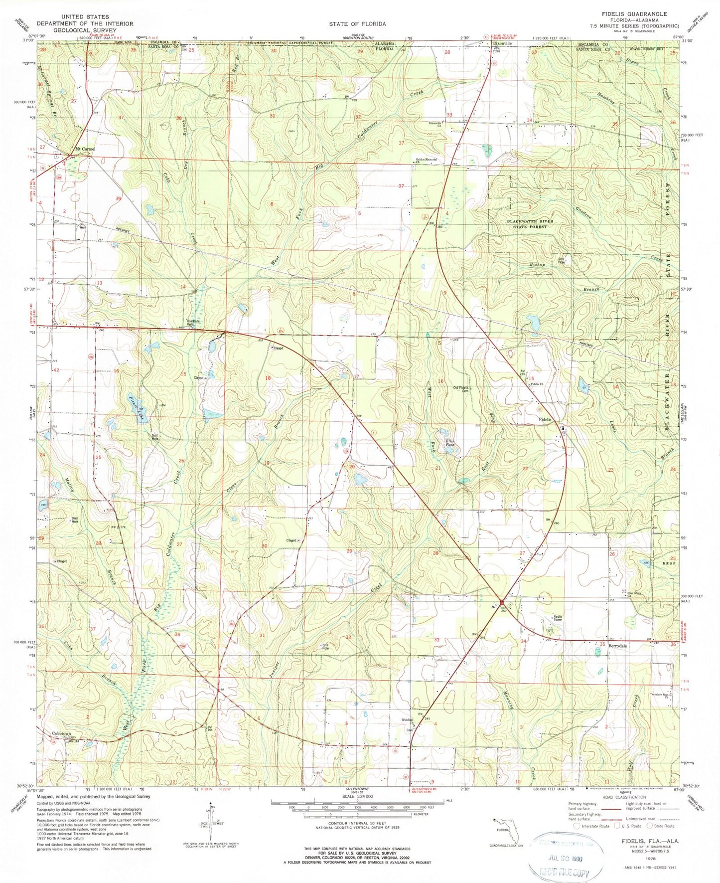 Classic USGS Fidelis Florida 7.5'x7.5' Topo Map Image