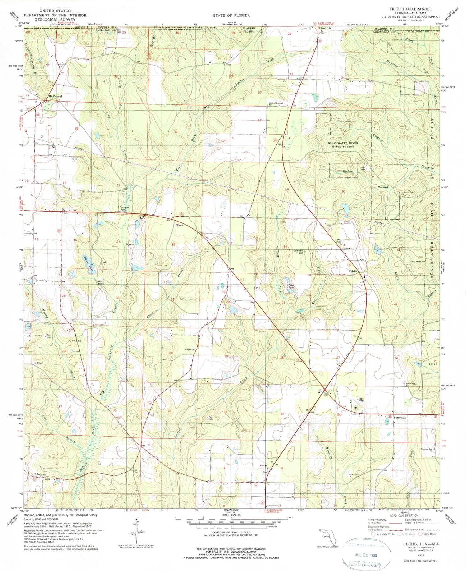 Classic USGS Fidelis Florida 7.5'x7.5' Topo Map Image