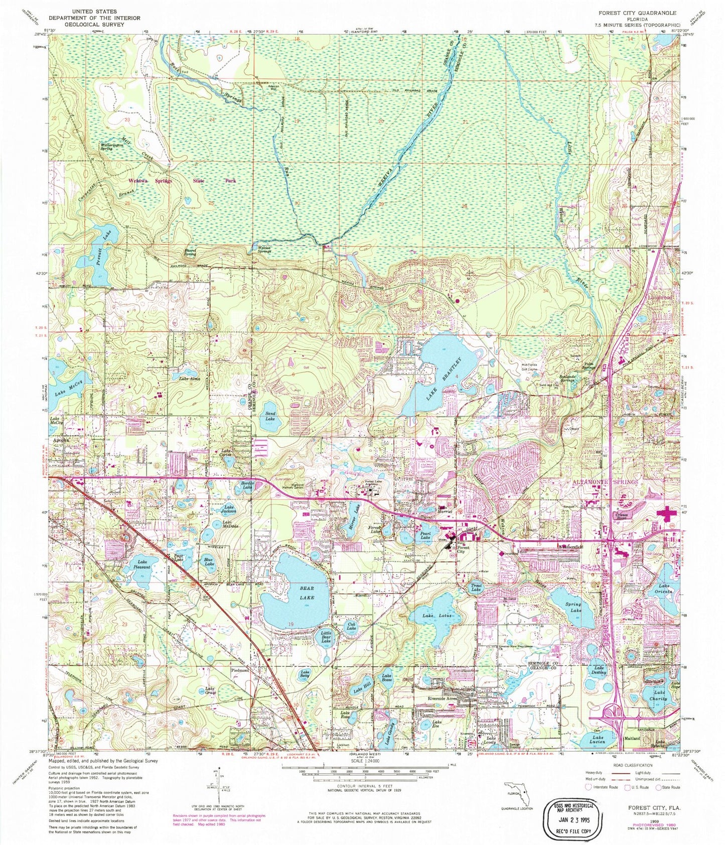 Classic USGS Forest City Florida 7.5'x7.5' Topo Map Image