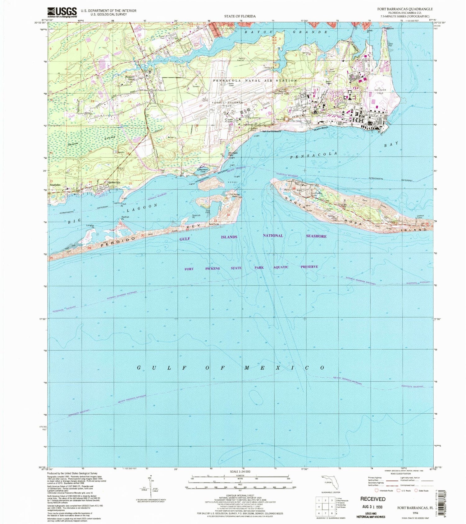 Classic USGS Fort Barrancas Florida 7.5'x7.5' Topo Map Image