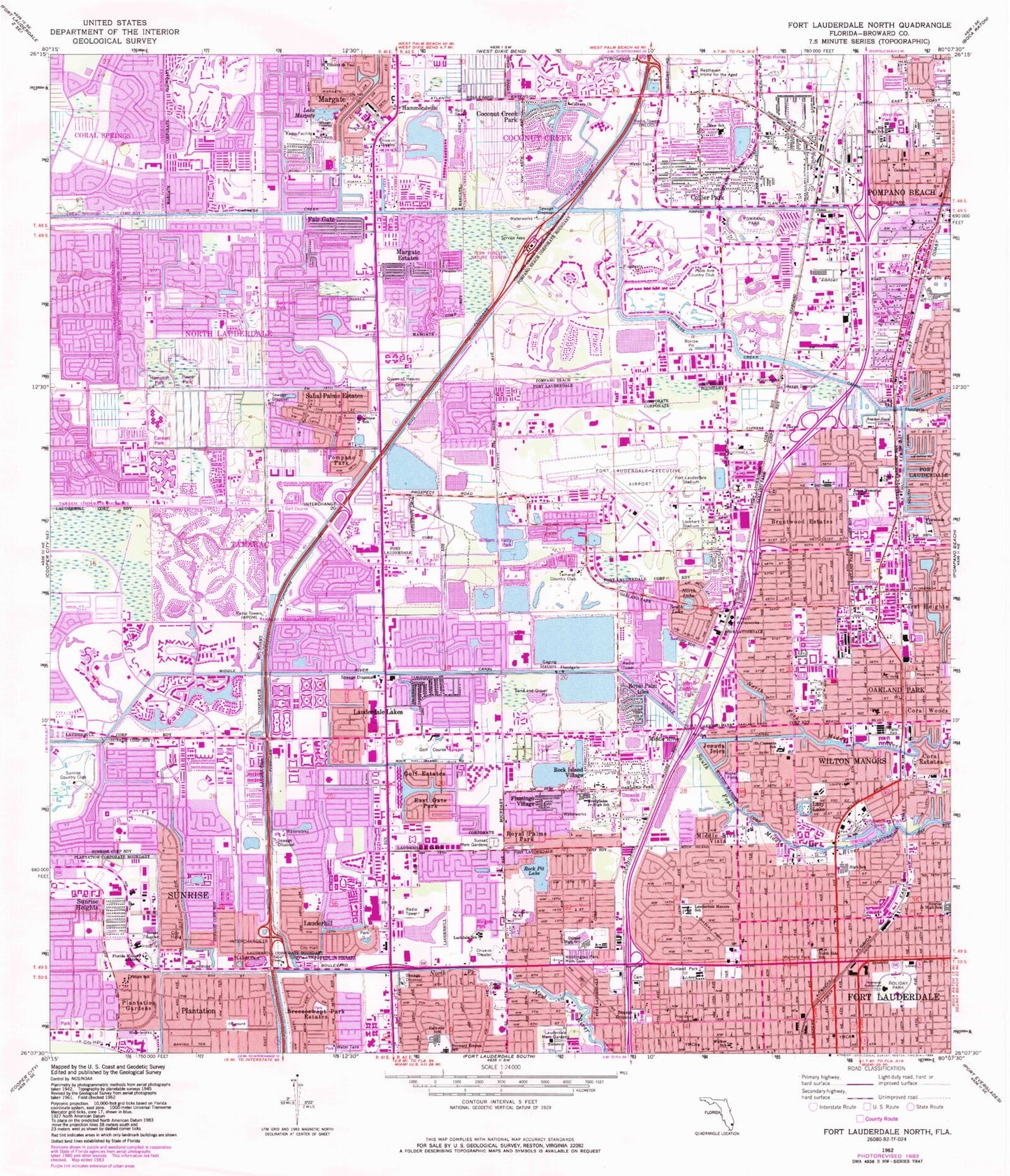 Classic USGS Fort Lauderdale North Florida 7.5'x7.5' Topo Map Image