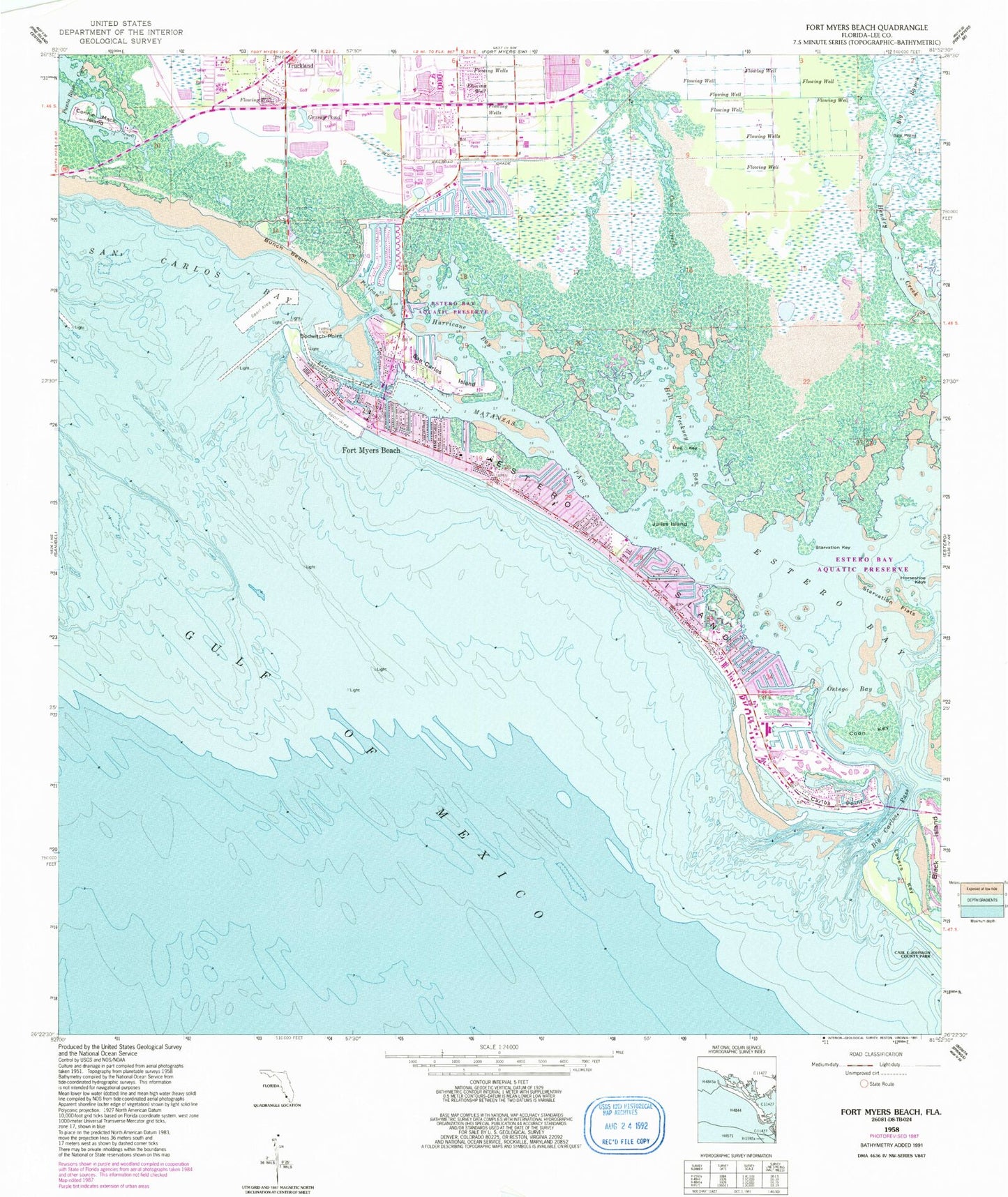 Classic USGS Fort Myers Beach Florida 7.5'x7.5' Topo Map Image