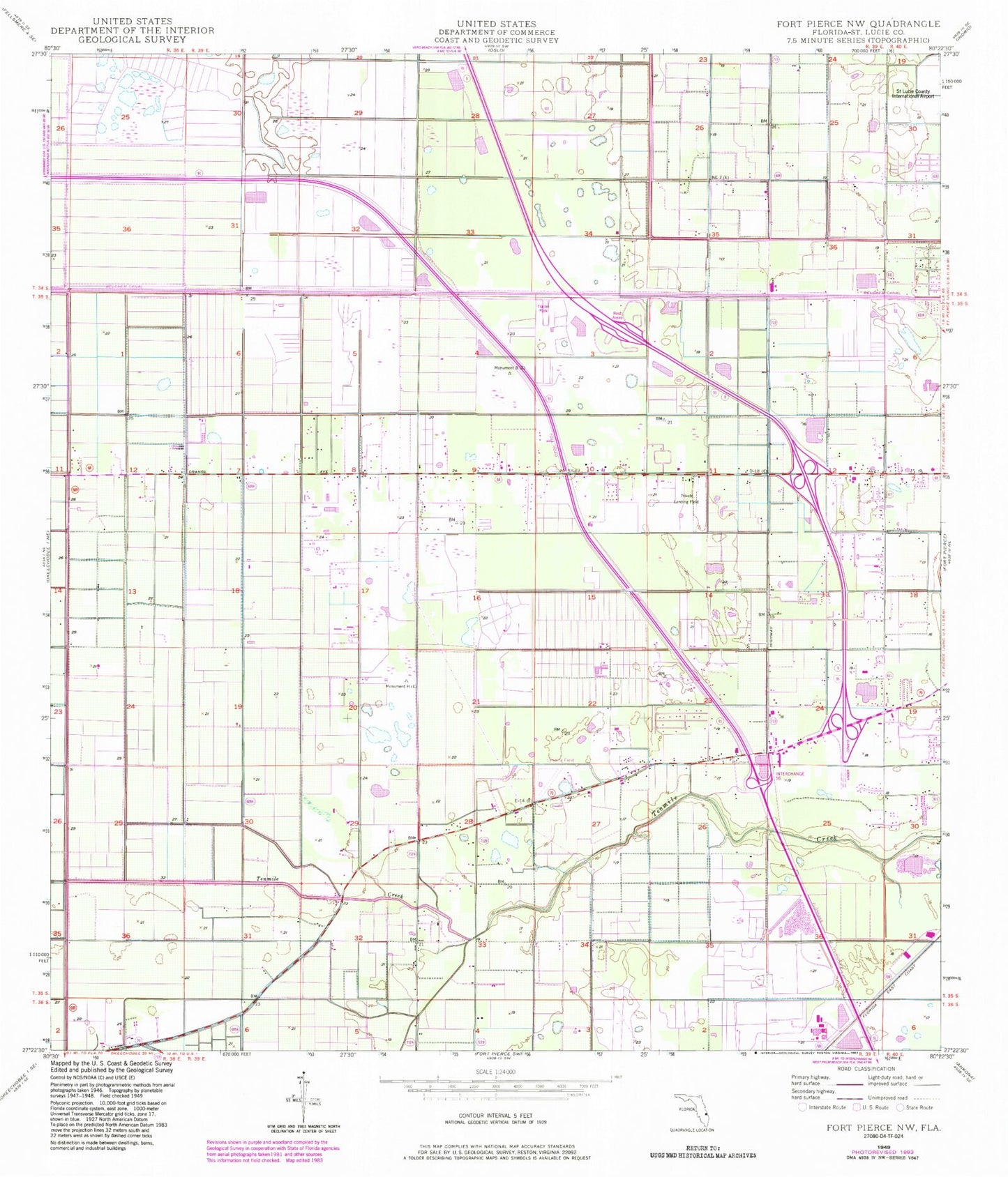 Classic USGS Fort Pierce NW Florida 7.5'x7.5' Topo Map Image