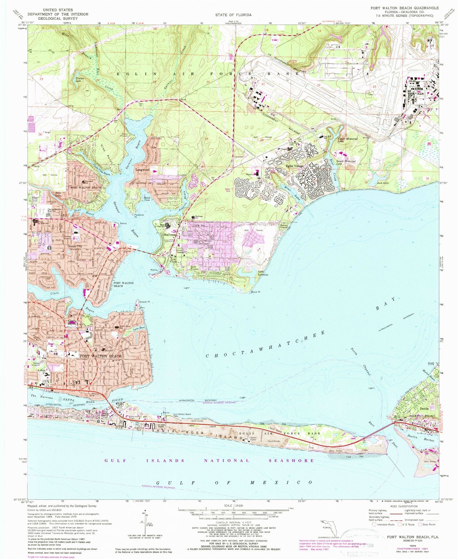 Classic USGS Fort Walton Beach Florida 7.5'x7.5' Topo Map Image