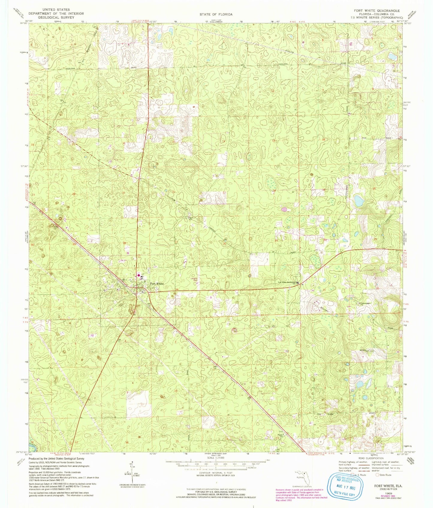 Classic USGS Fort White Florida 7.5'x7.5' Topo Map Image