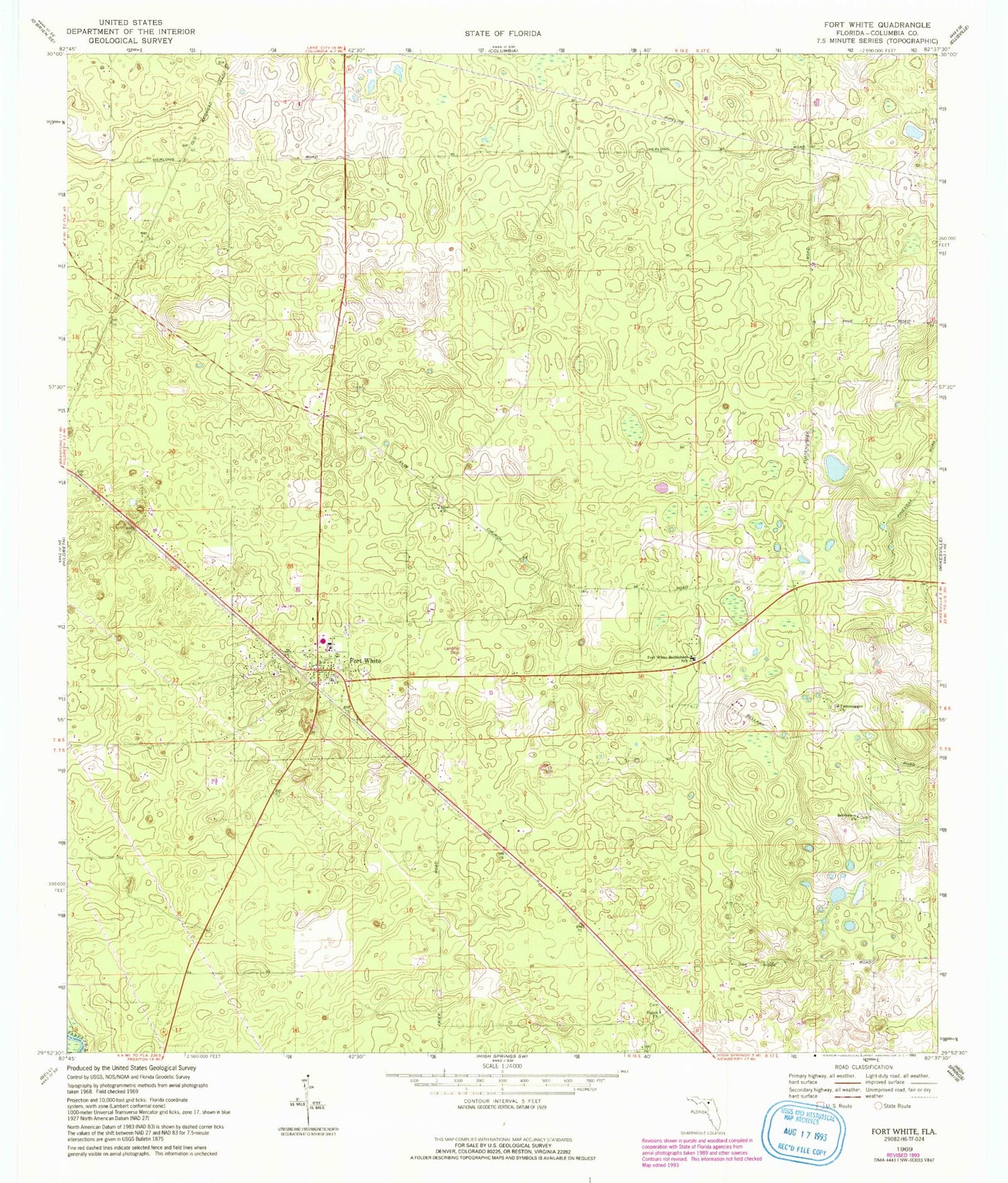 Classic USGS Fort White Florida 7.5'x7.5' Topo Map Image
