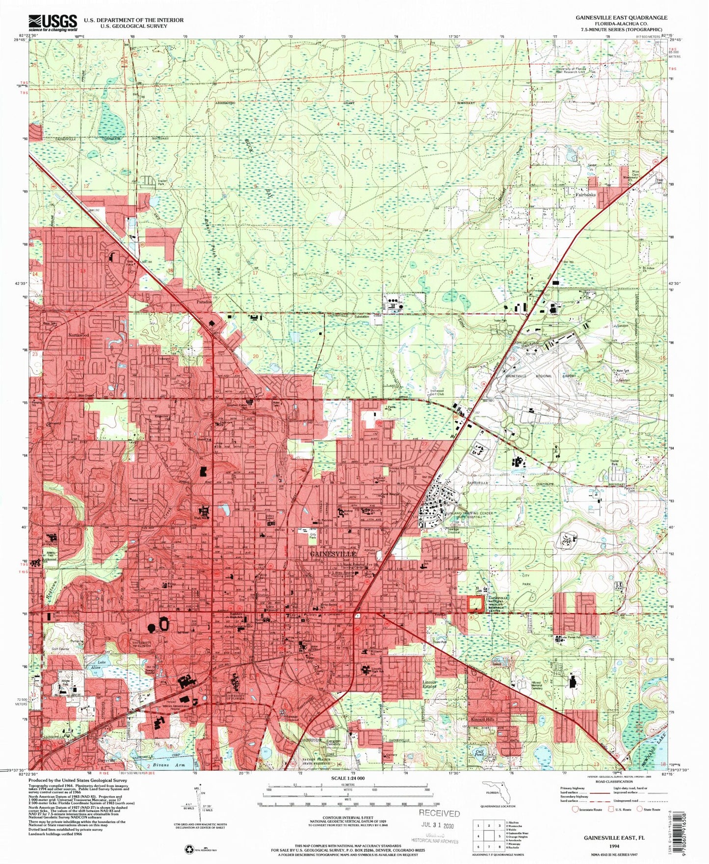 Classic USGS Gainesville East Florida 7.5'x7.5' Topo Map Image