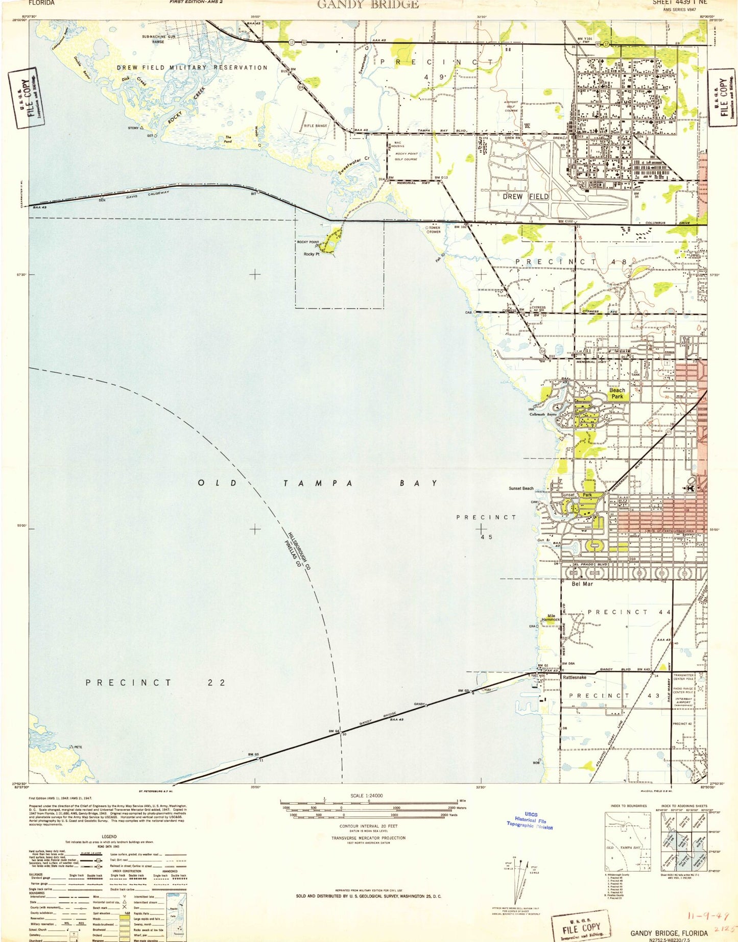 Classic USGS Gandy Bridge Florida 7.5'x7.5' Topo Map Image