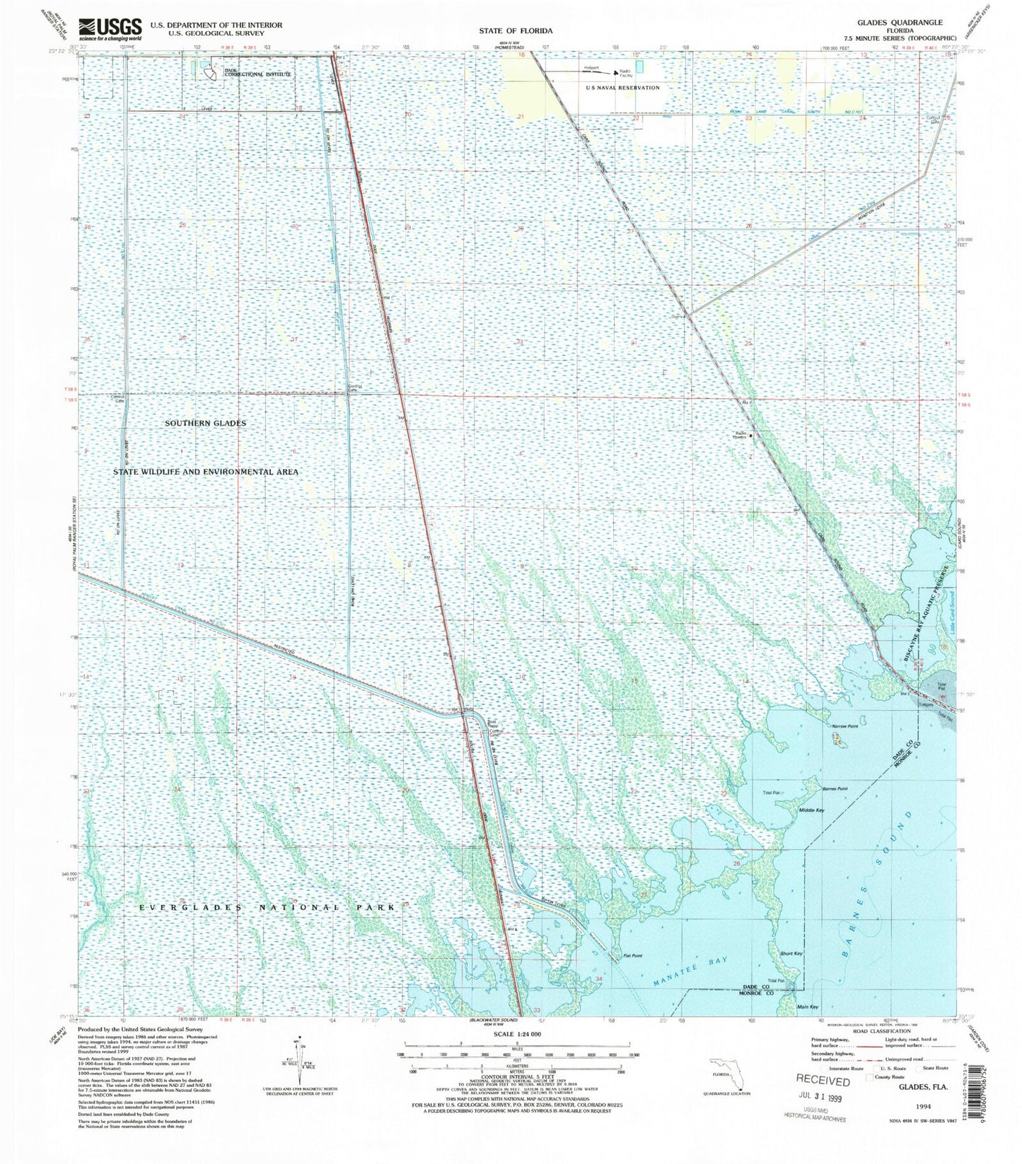 Classic USGS Glades Florida 7.5'x7.5' Topo Map Image