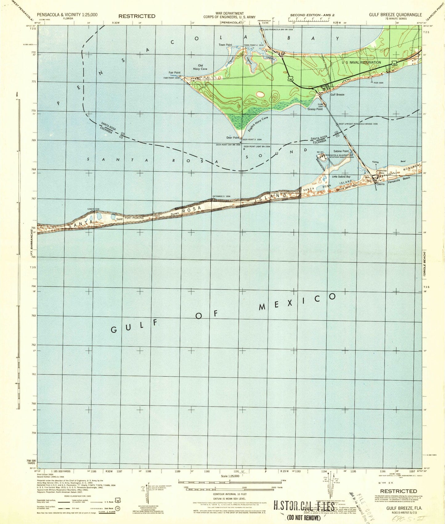 Classic USGS Gulf Breeze Florida 7.5'x7.5' Topo Map Image