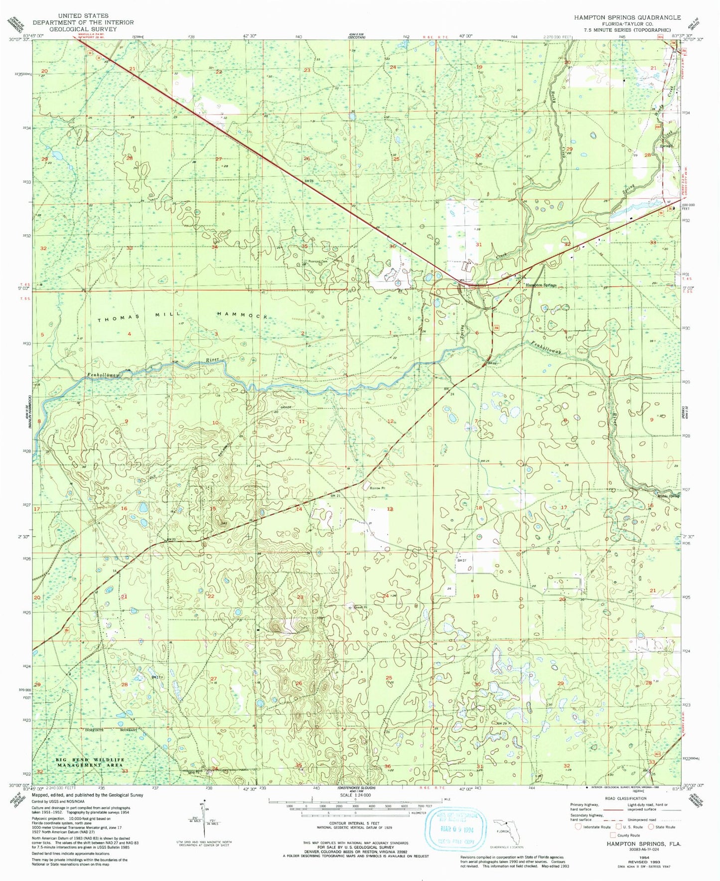 Classic USGS Hampton Springs Florida 7.5'x7.5' Topo Map Image