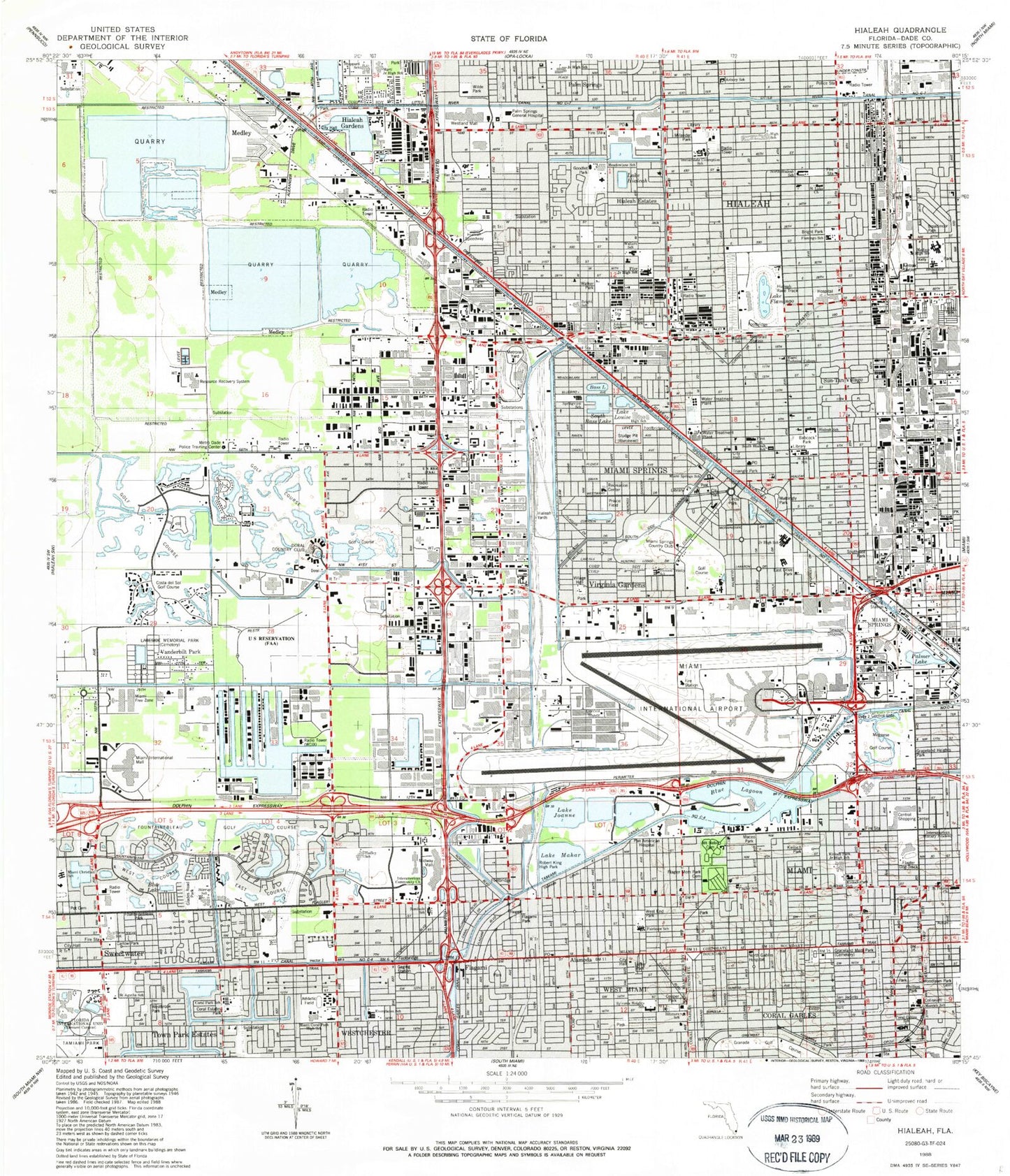 Classic USGS Hialeah Florida 7.5'x7.5' Topo Map Image
