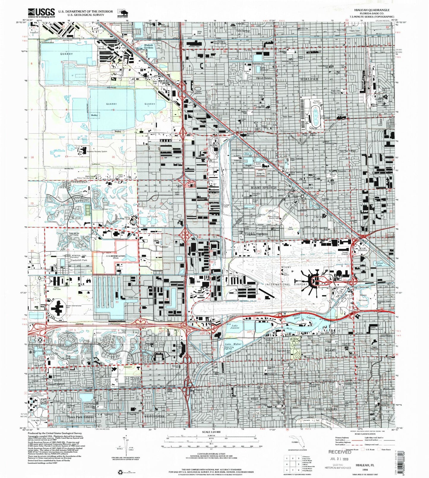 Classic USGS Hialeah Florida 7.5'x7.5' Topo Map Image