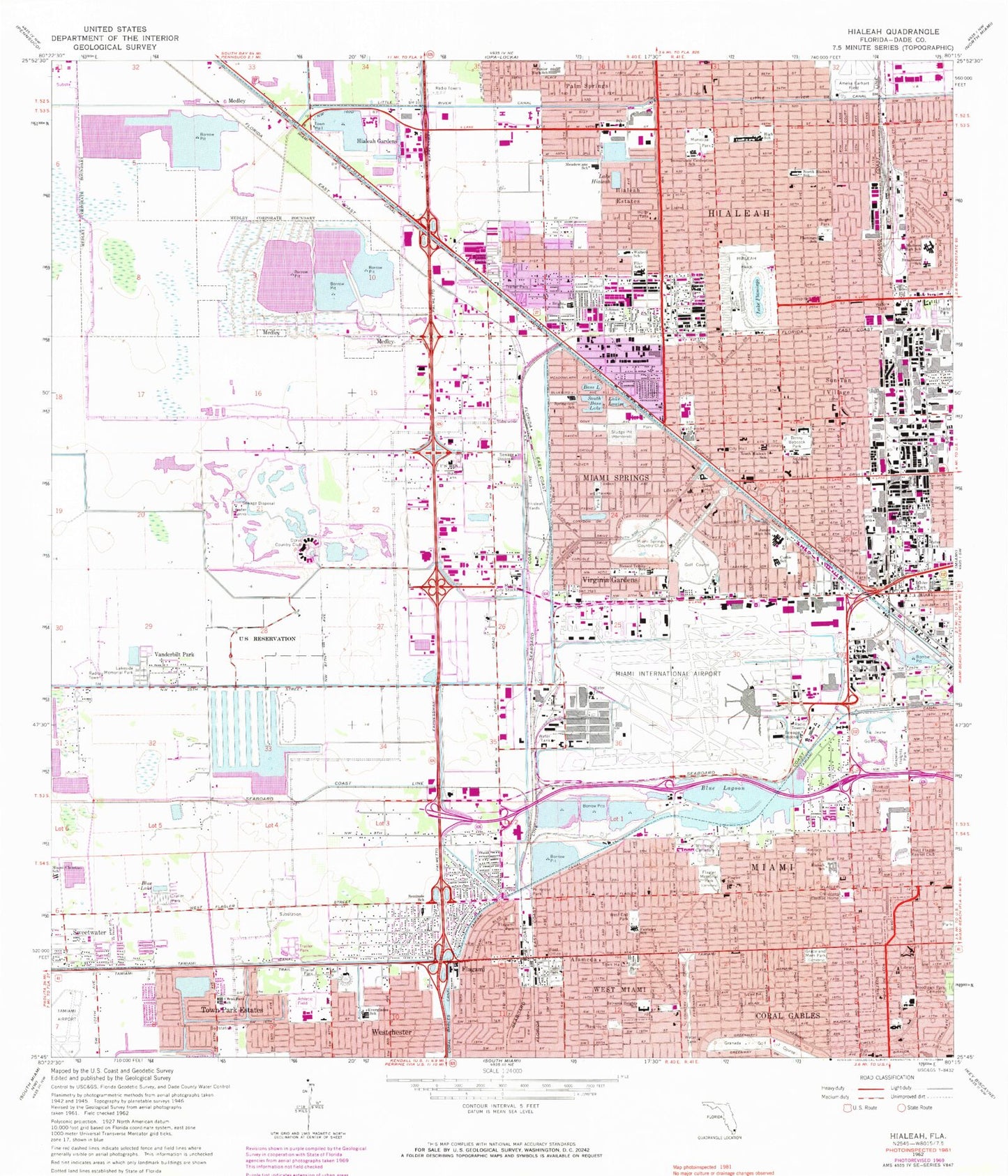 Classic USGS Hialeah Florida 7.5'x7.5' Topo Map Image
