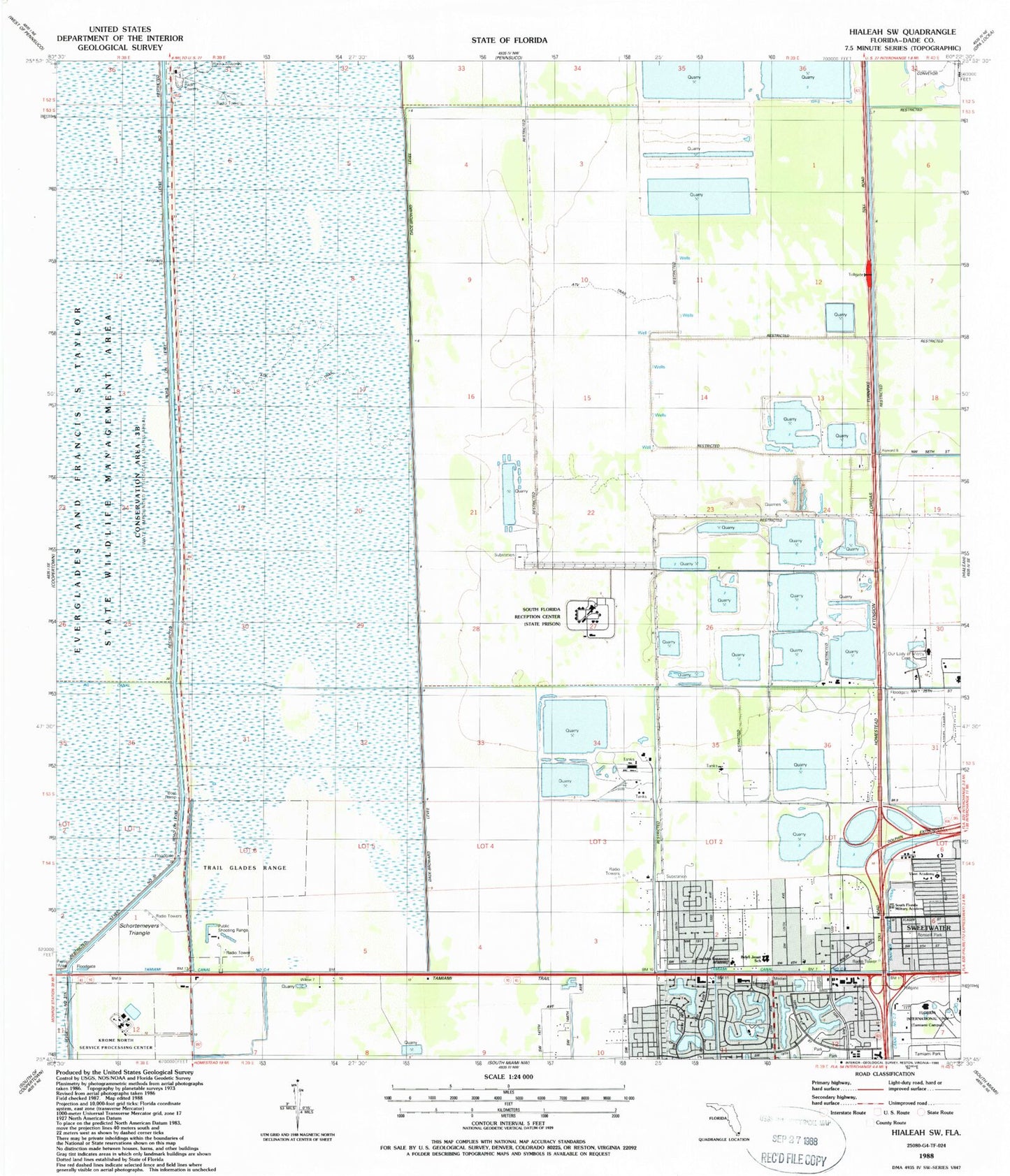 Classic USGS Hialeah SW Florida 7.5'x7.5' Topo Map Image