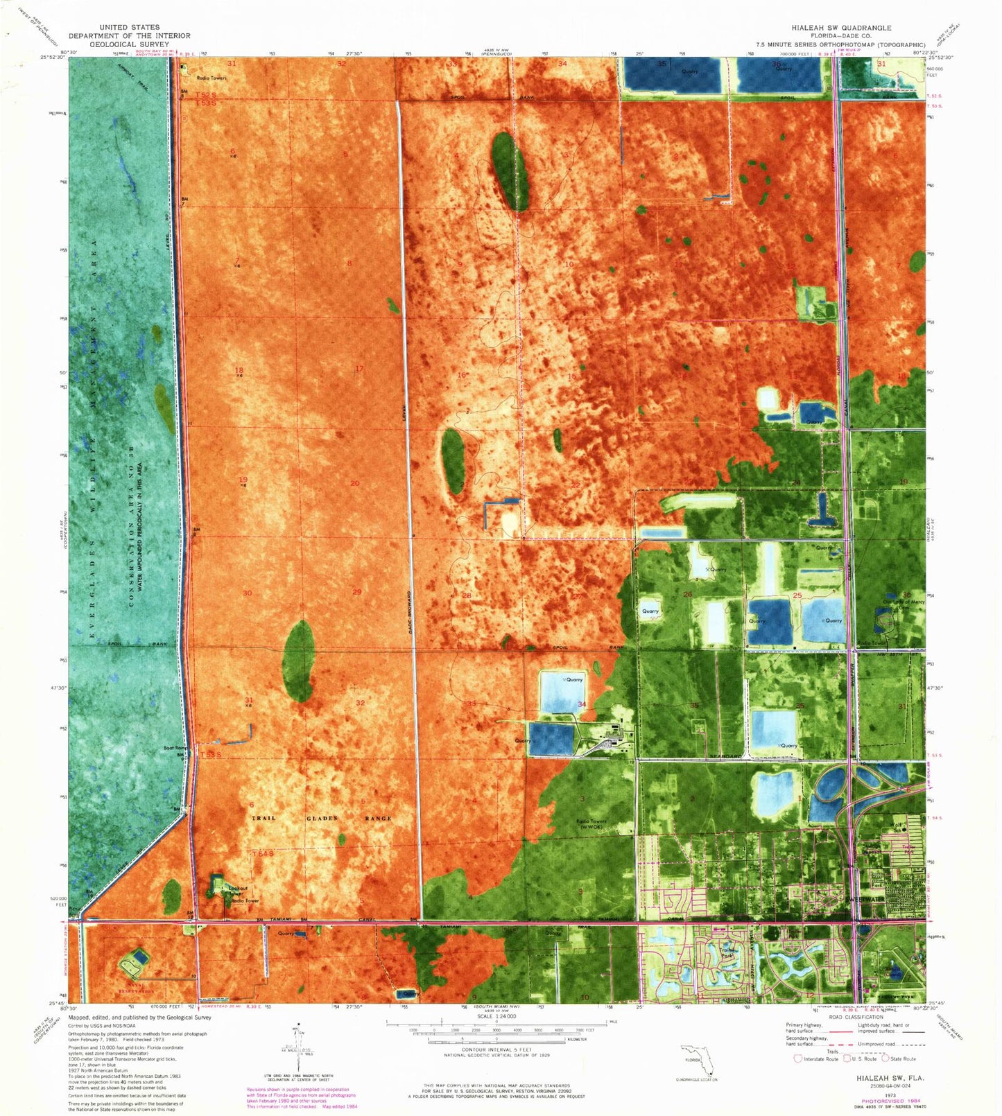 Classic USGS Hialeah SW Florida 7.5'x7.5' Topo Map Image