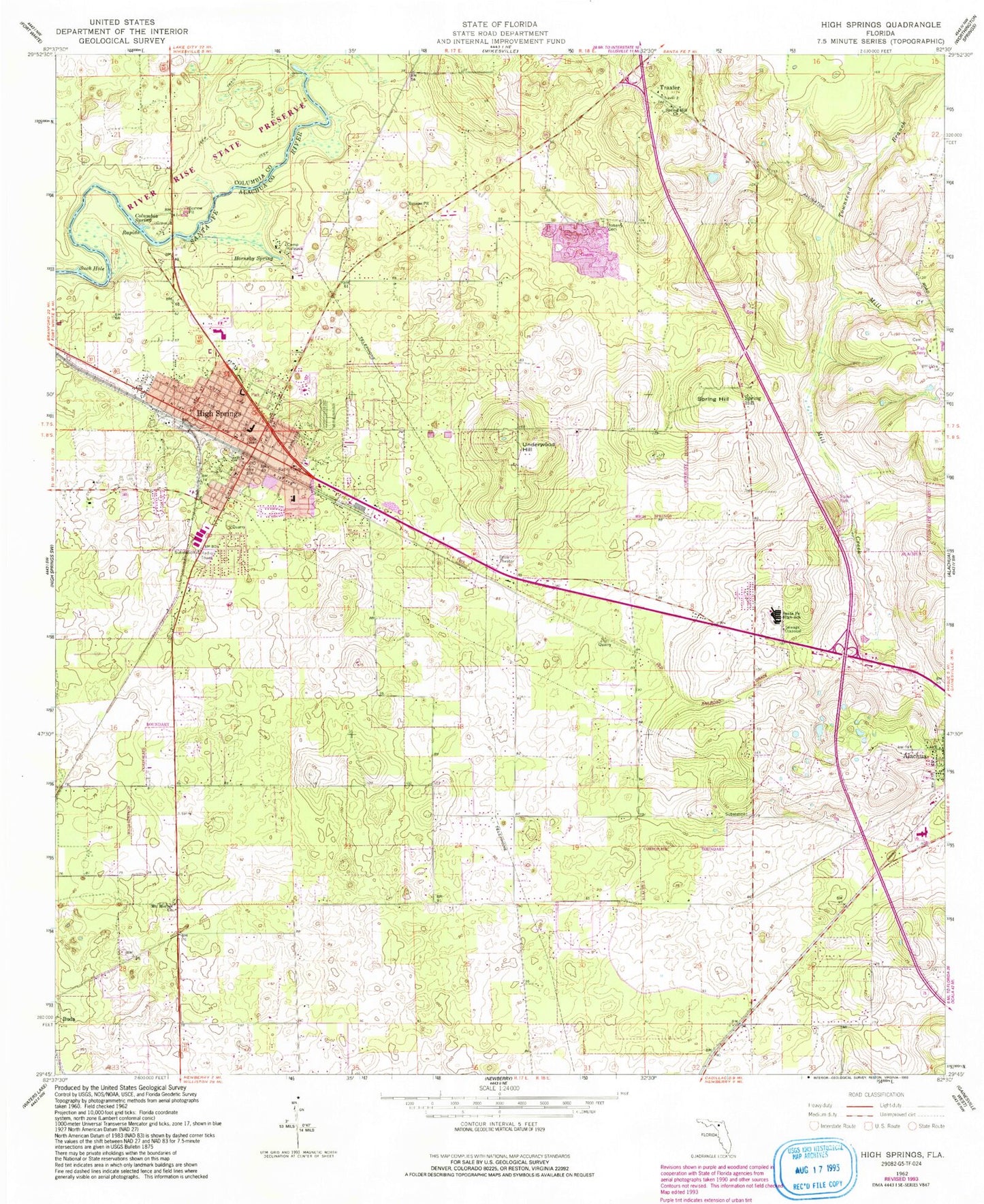 Classic USGS High Springs Florida 7.5'x7.5' Topo Map Image