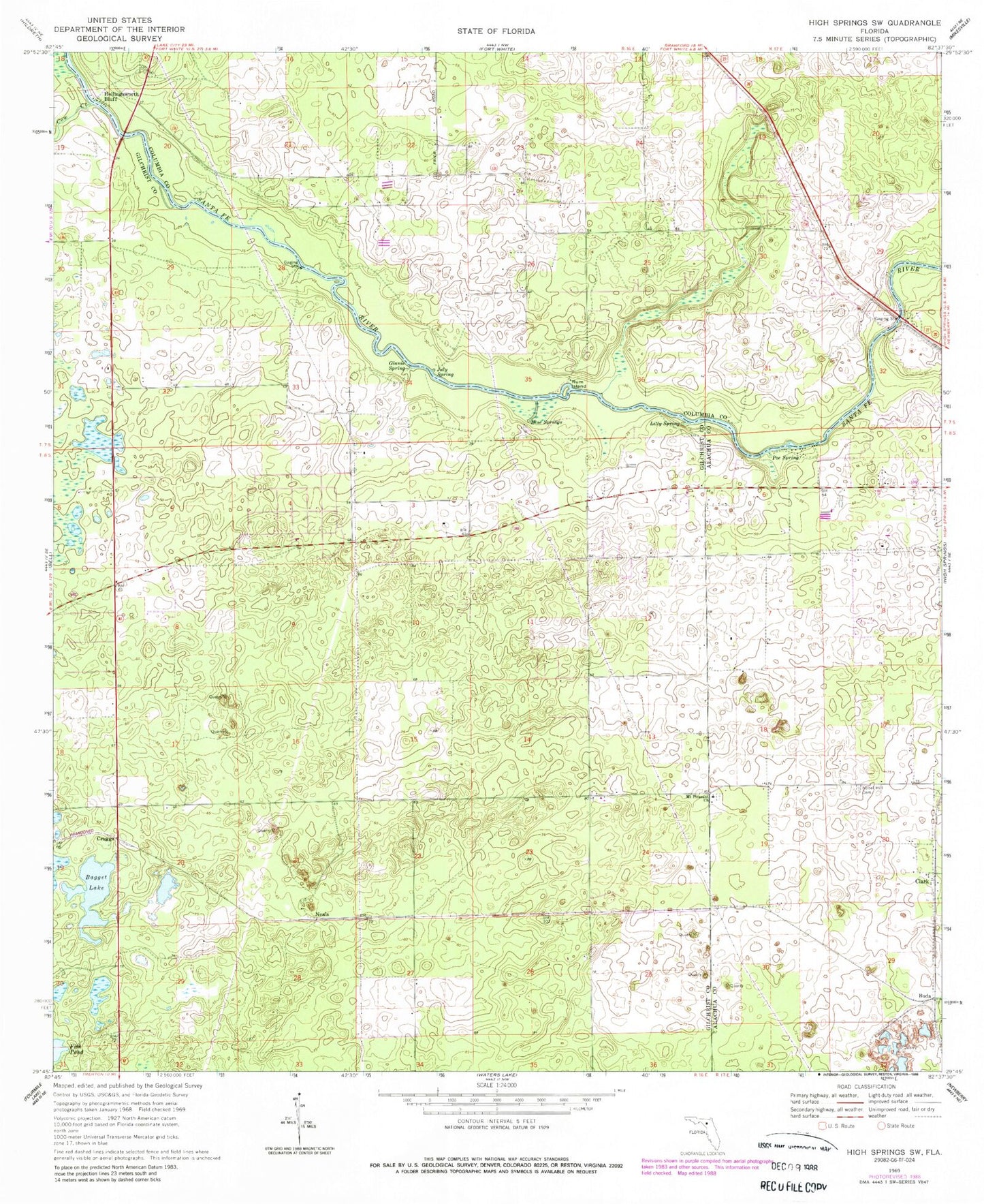 Classic USGS High Springs SW Florida 7.5'x7.5' Topo Map Image