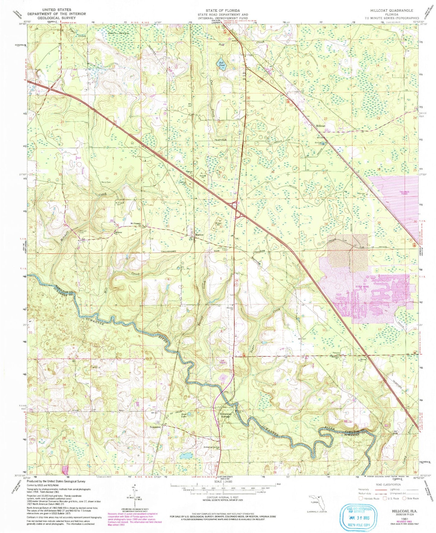 Classic USGS Hillcoat Florida 7.5'x7.5' Topo Map Image