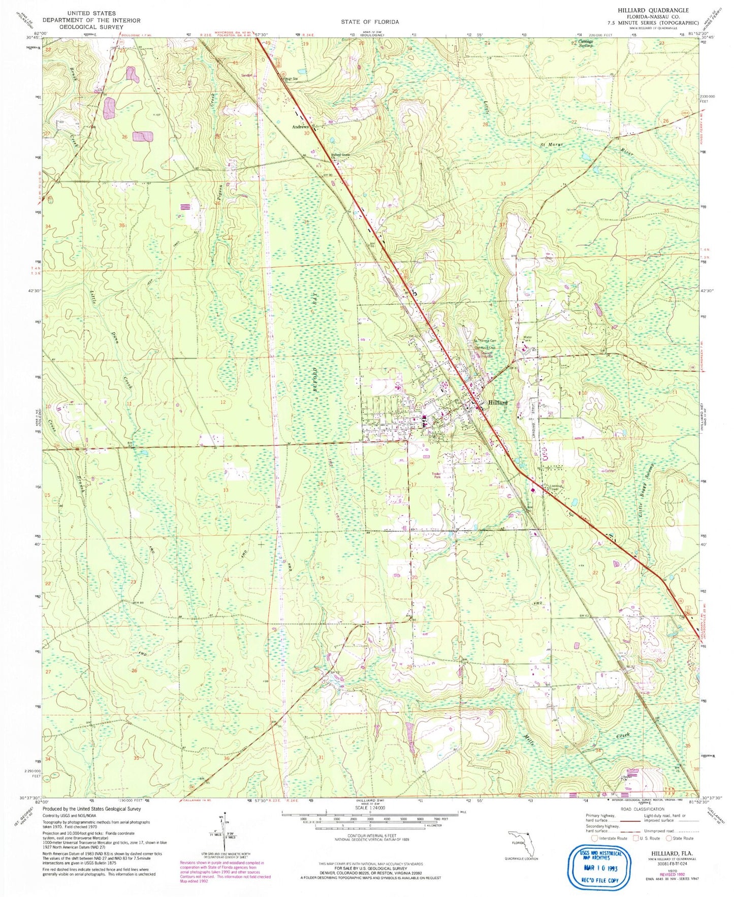 Classic USGS Hilliard Florida 7.5'x7.5' Topo Map Image