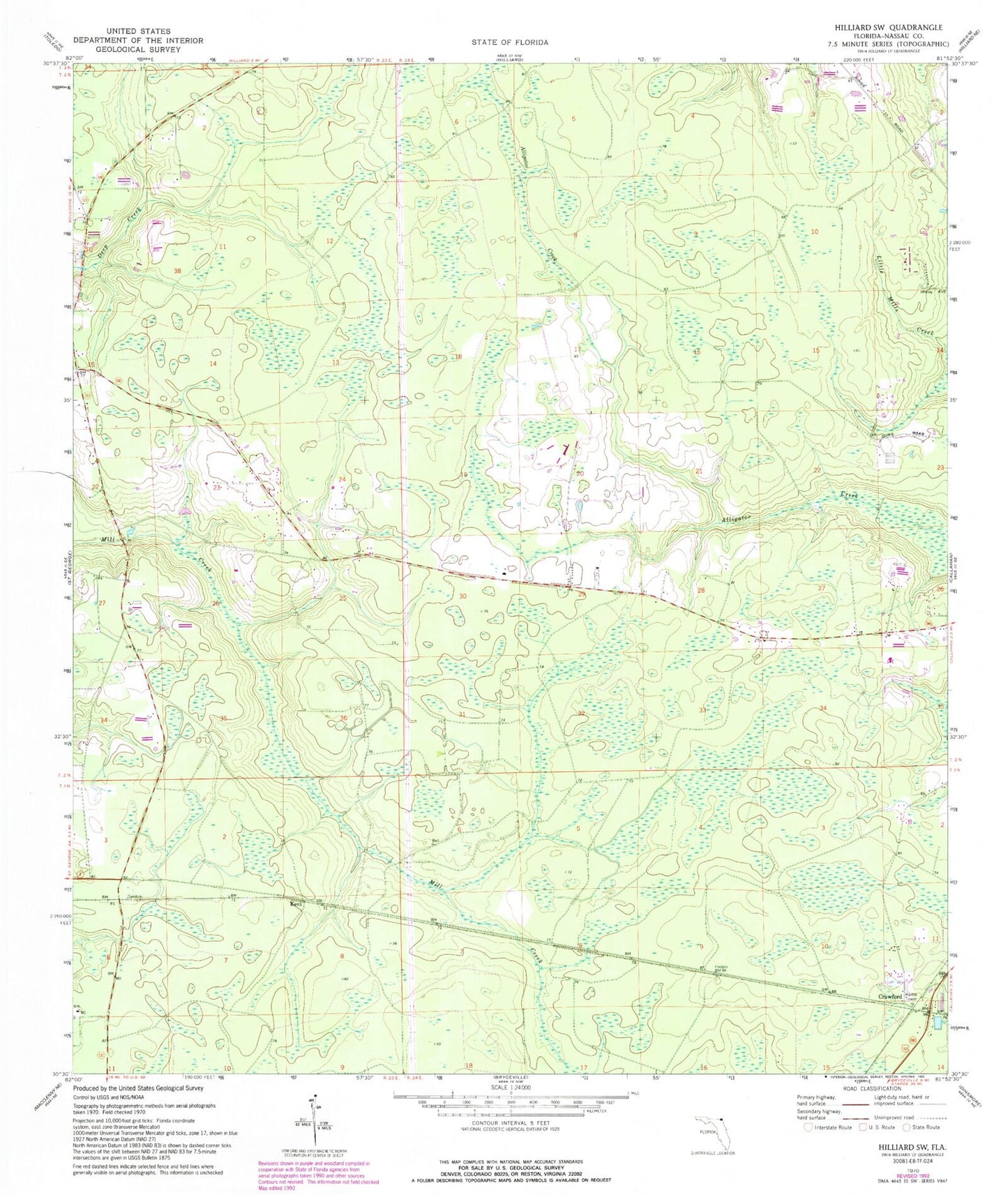 Classic USGS Hilliard SW Florida 7.5'x7.5' Topo Map Image