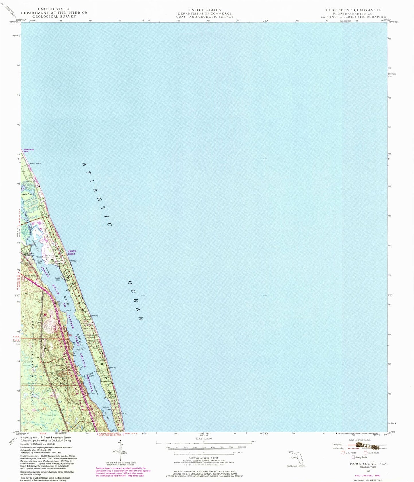 Classic USGS Hobe Sound Florida 7.5'x7.5' Topo Map Image