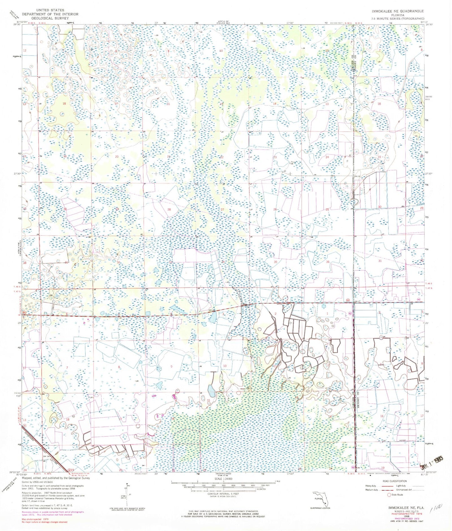 Classic USGS Immokalee NE Florida 7.5'x7.5' Topo Map Image