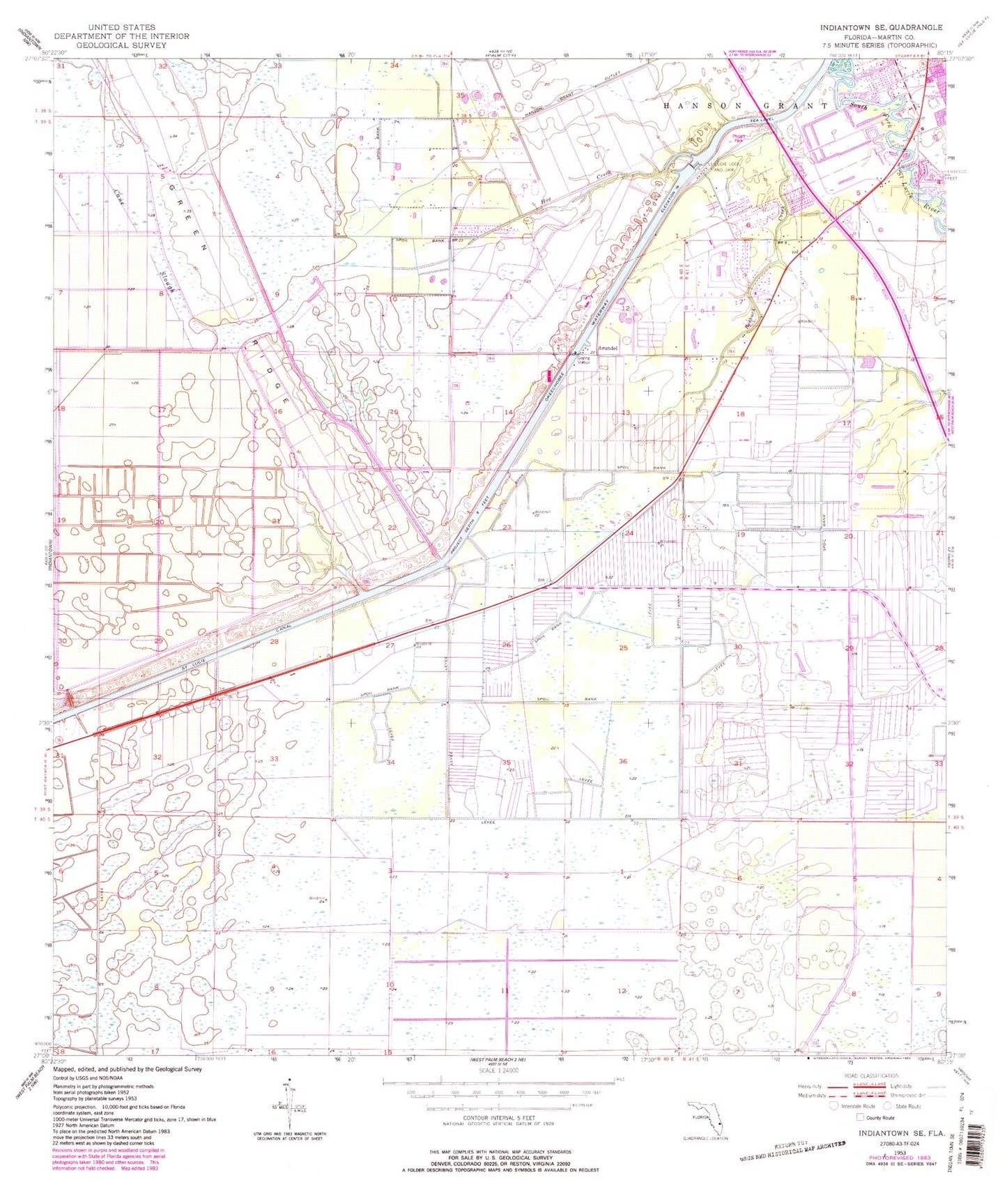 Classic USGS Indiantown SE Florida 7.5'x7.5' Topo Map Image