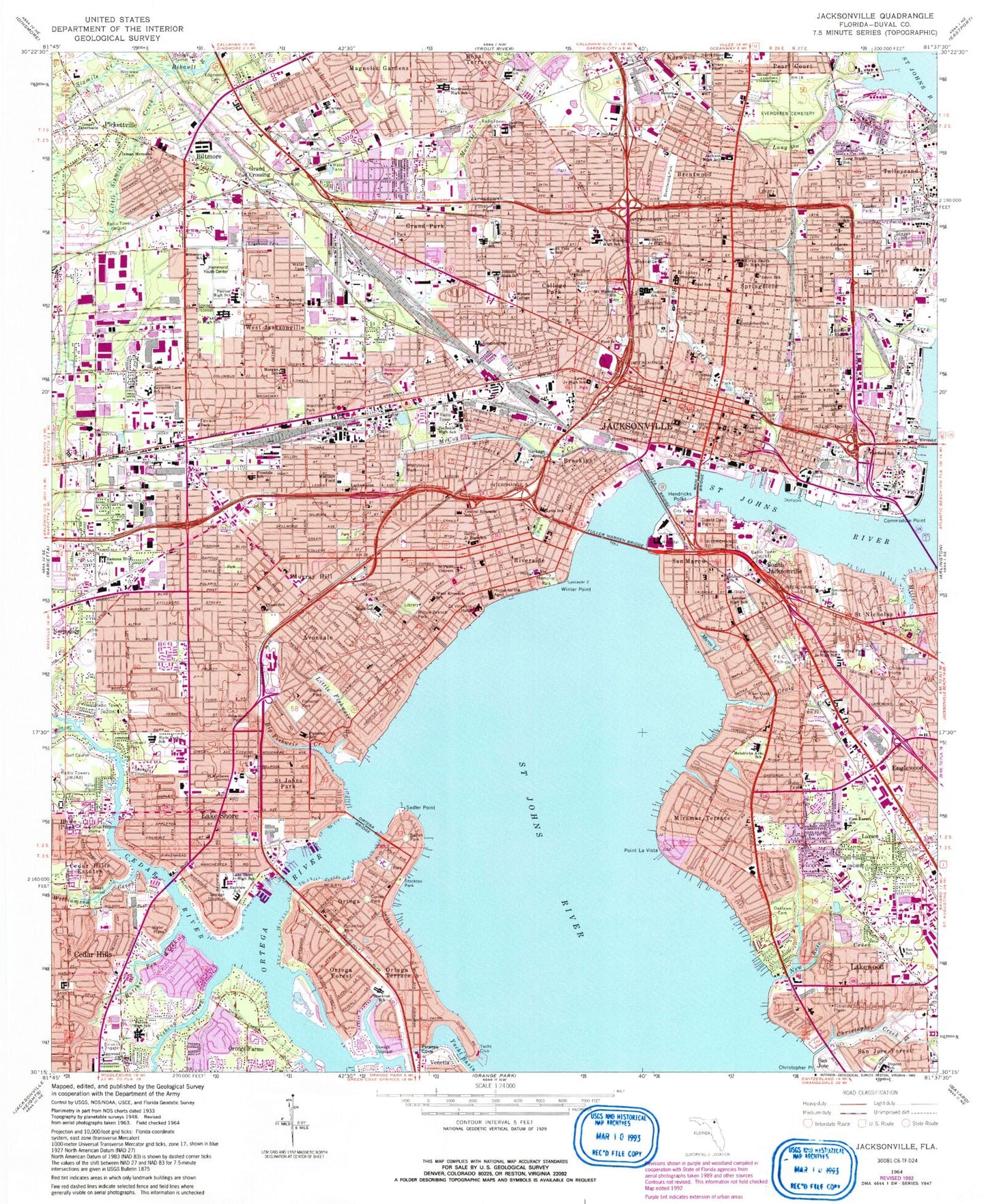 Classic USGS Jacksonville Florida 7.5'x7.5' Topo Map Image
