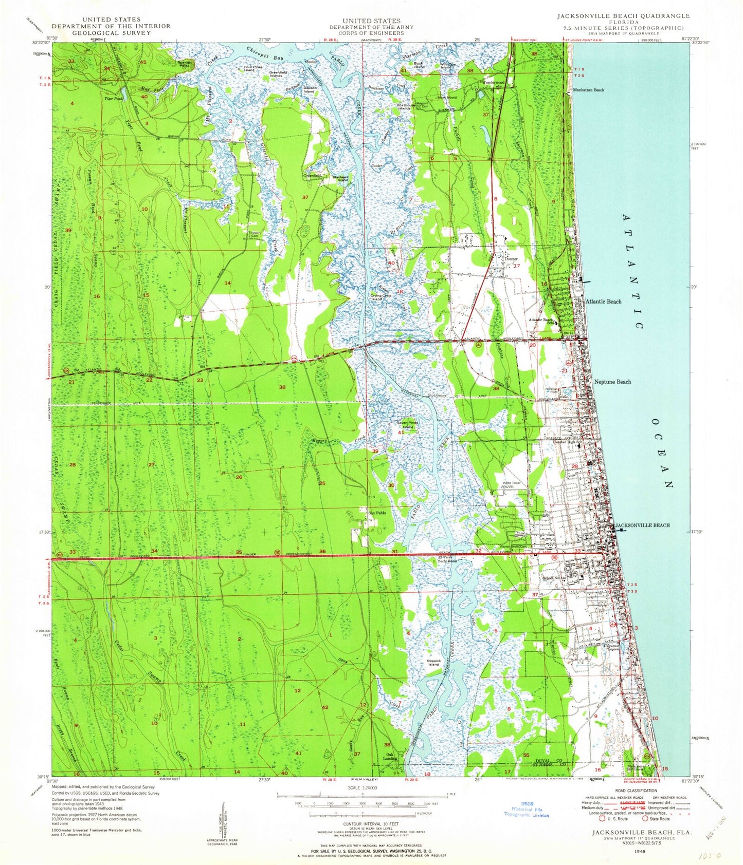 Classic USGS Jacksonville Beach Florida 7.5'x7.5' Topo Map Image