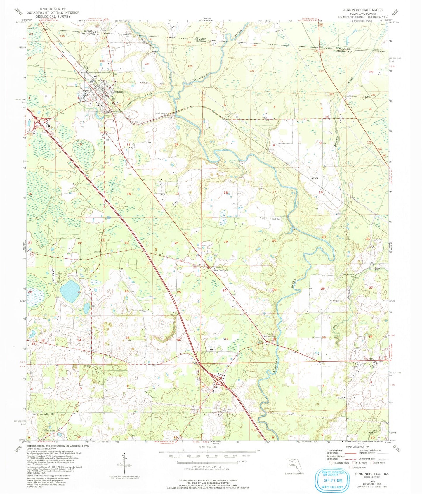 Classic USGS Jennings Florida 7.5'x7.5' Topo Map Image