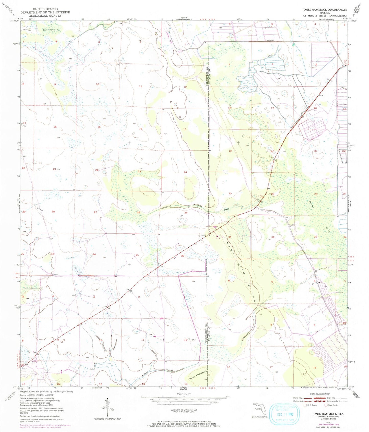 Classic USGS Jones Hammock Florida 7.5'x7.5' Topo Map Image