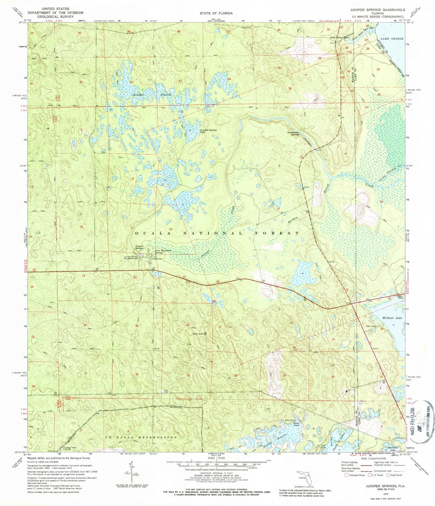 Classic USGS Juniper Springs Florida 7.5'x7.5' Topo Map Image