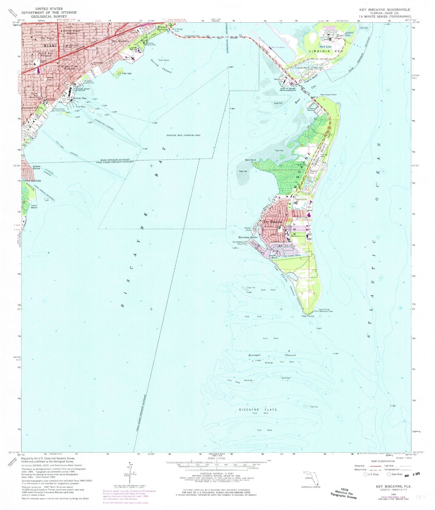Classic USGS Key Biscayne Florida 7.5'x7.5' Topo Map Image
