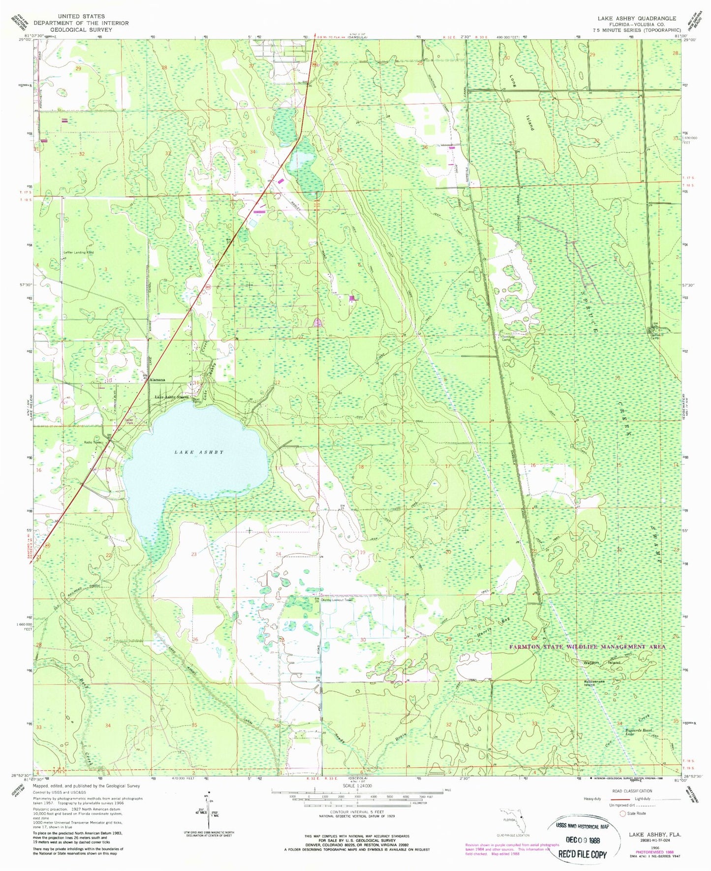 Classic USGS Lake Ashby Florida 7.5'x7.5' Topo Map Image