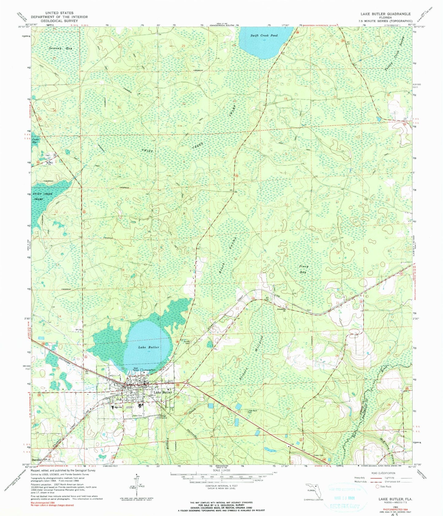 Classic USGS Lake Butler Florida 7.5'x7.5' Topo Map Image