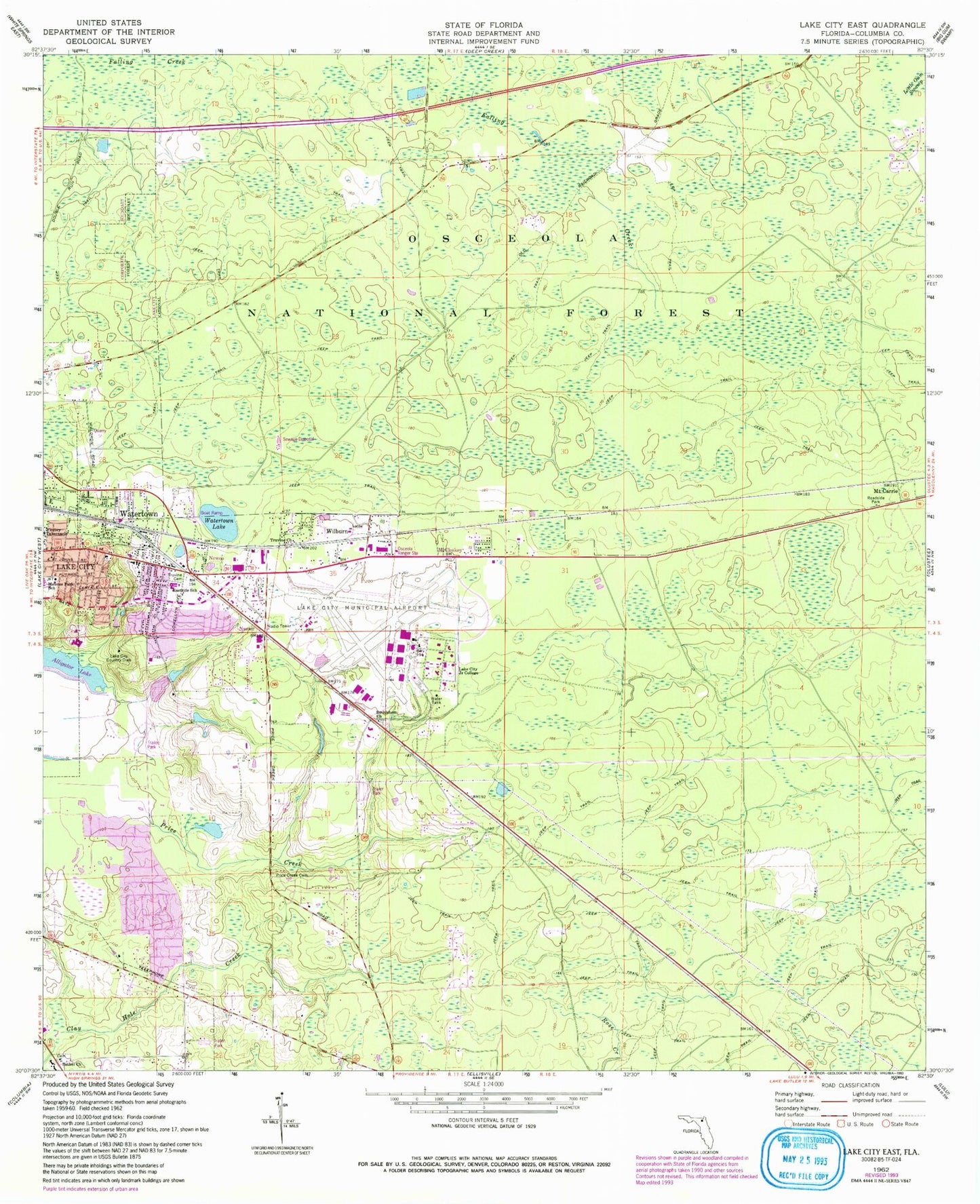 Classic USGS Lake City East Florida 7.5'x7.5' Topo Map Image