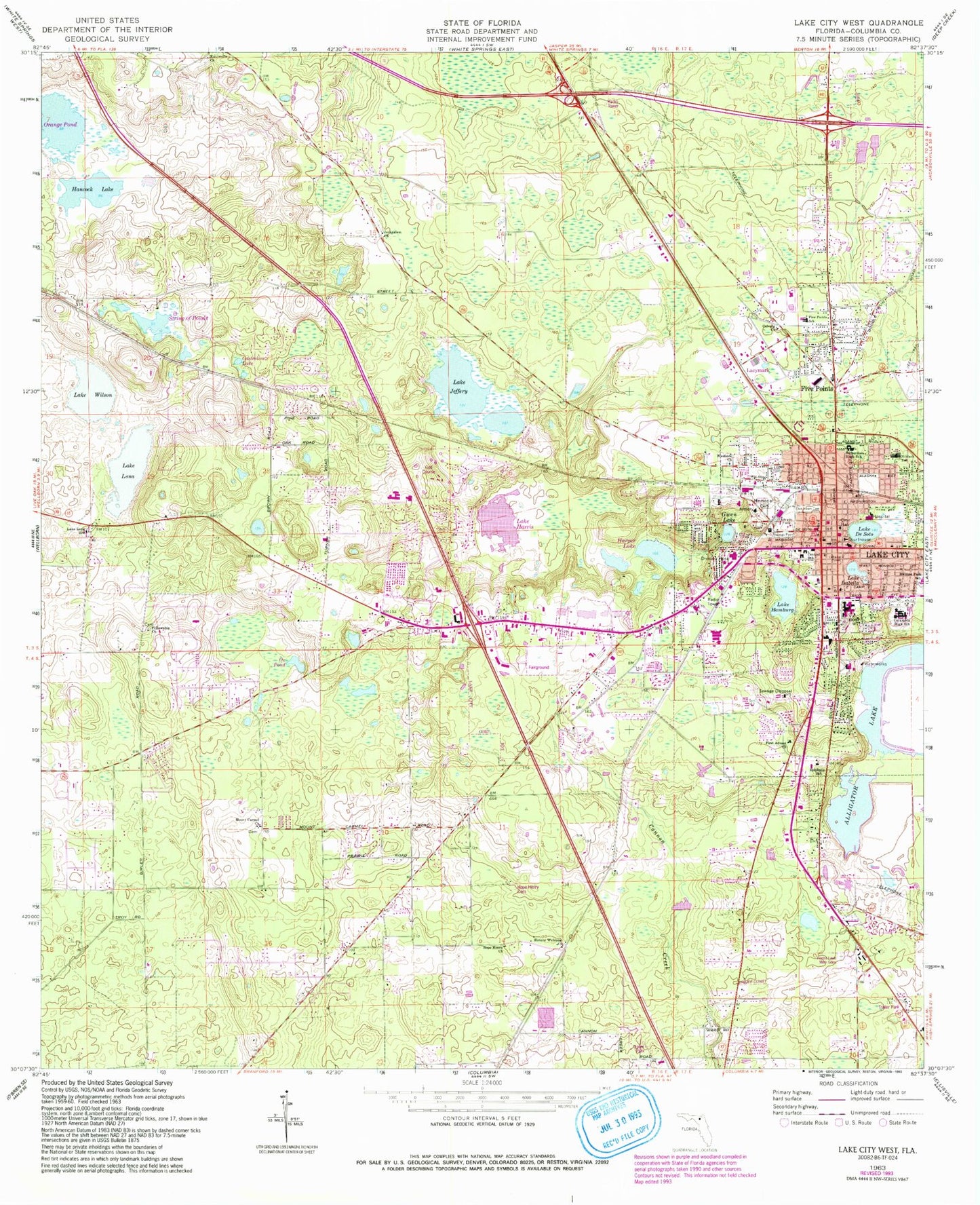 Classic USGS Lake City West Florida 7.5'x7.5' Topo Map Image