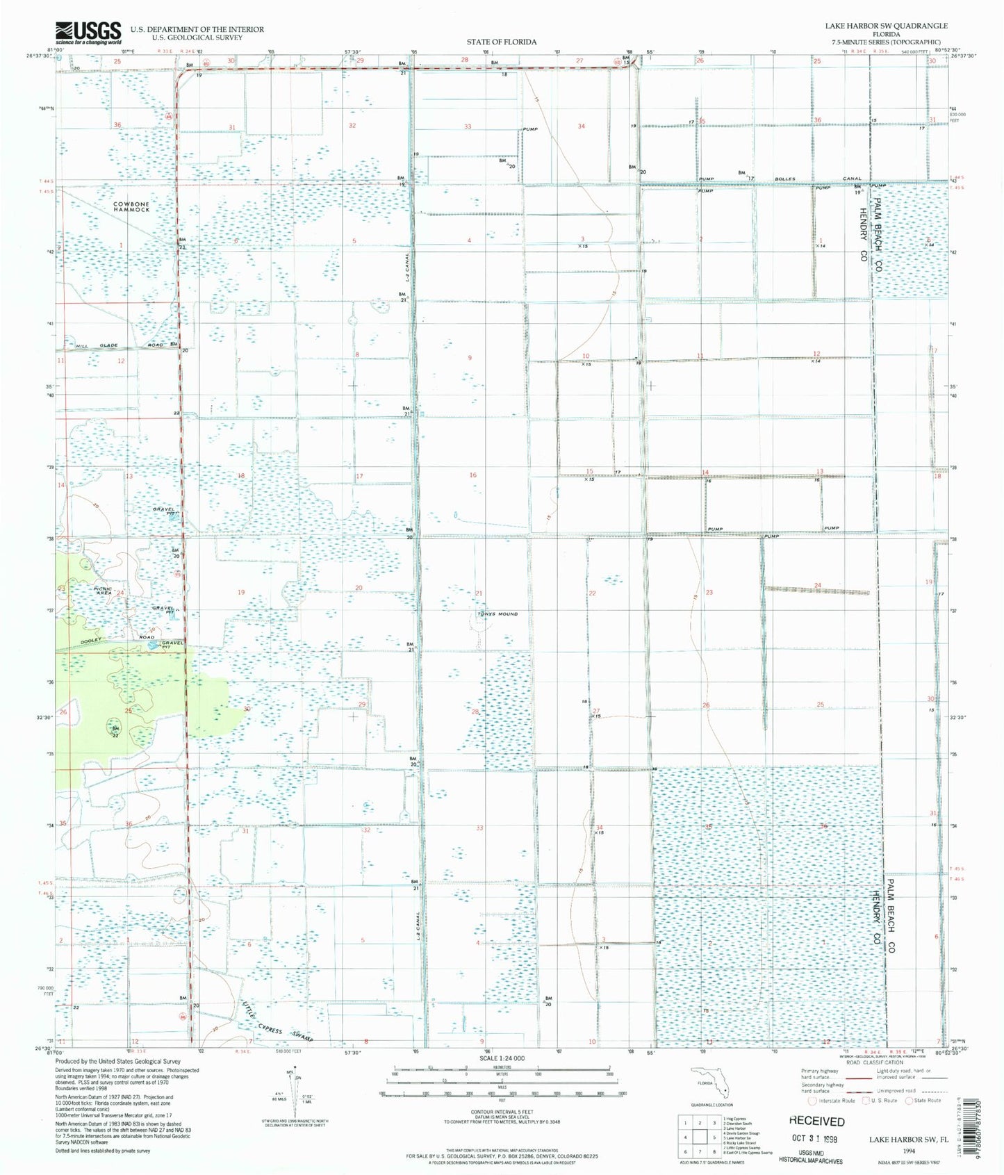 Classic USGS Lake Harbor SW Florida 7.5'x7.5' Topo Map Image