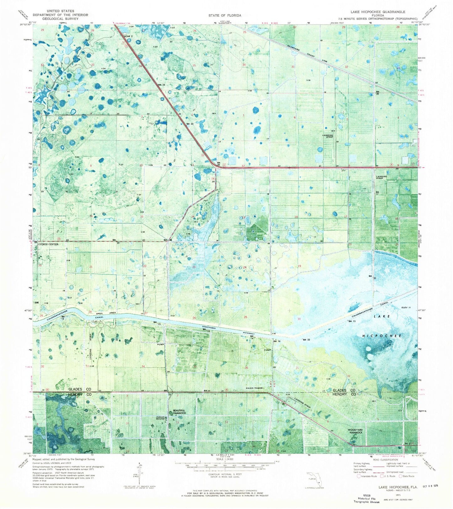 Classic USGS Lake Hicpochee Florida 7.5'x7.5' Topo Map Image