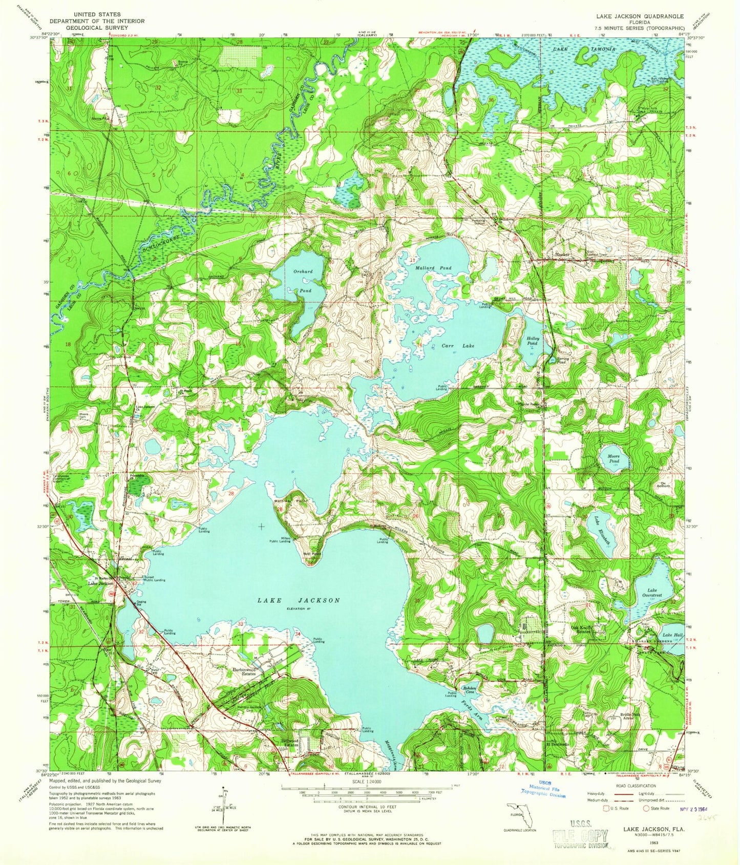 Classic USGS Lake Jackson Florida 7.5'x7.5' Topo Map Image