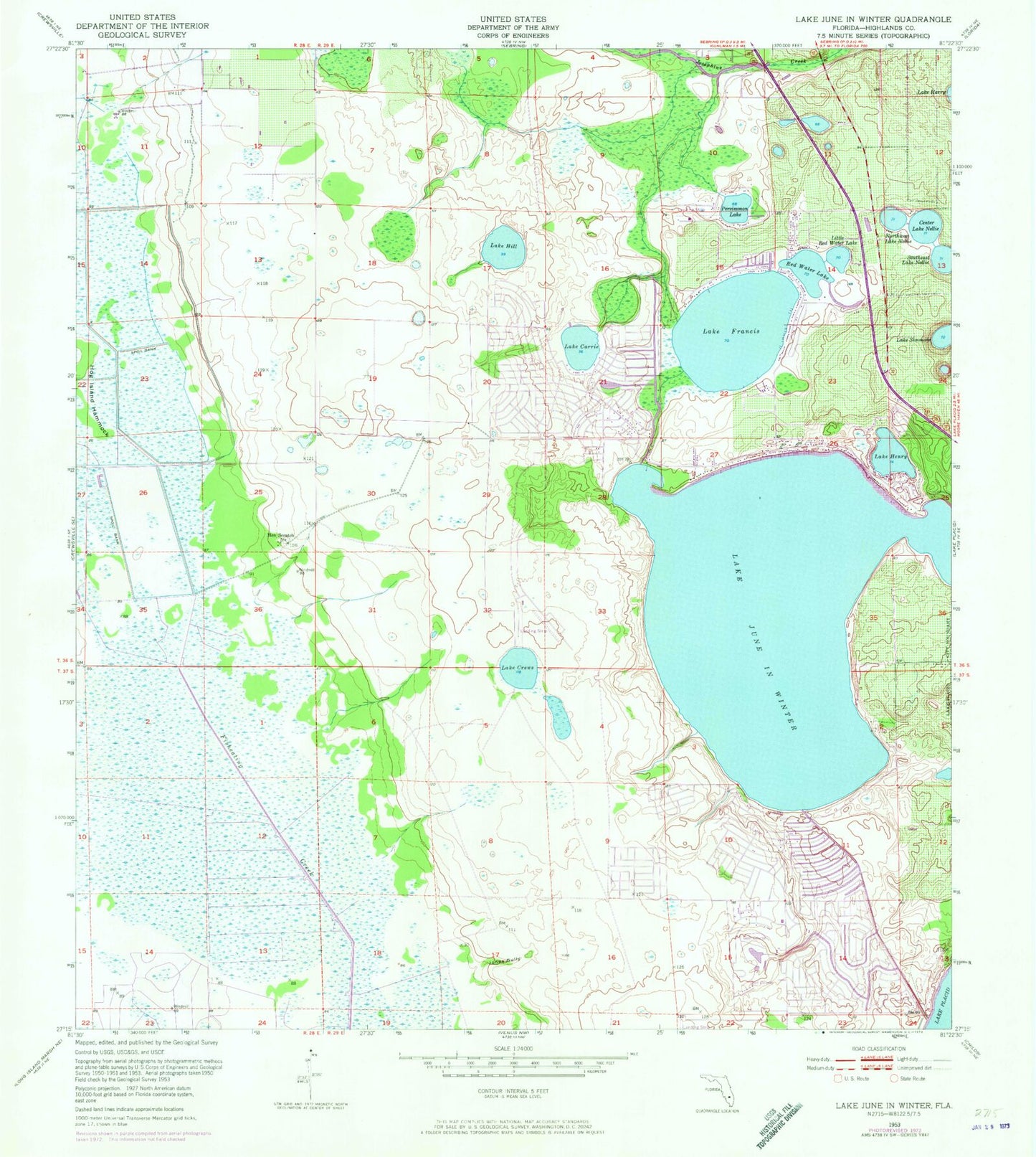 Classic USGS Lake June In Winter Florida 7.5'x7.5' Topo Map Image